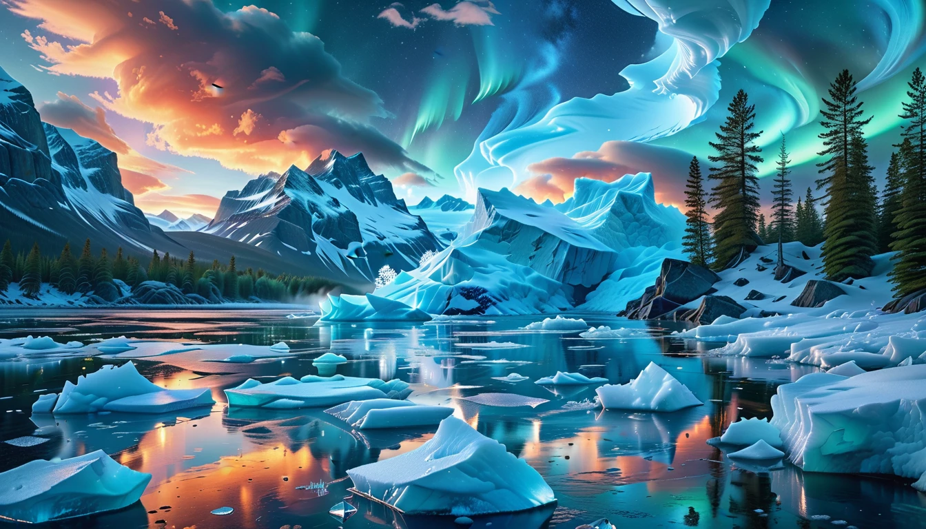 A Masterpiece In 32K Resolution, Supreme Quality, Super Detail, Official Art, Very High-Resolution 32K Wallpaper, Icy And Enigmatic, Ultra-Detailed Features, Winter Wonderland. Towering Icebergs Rise Majestically From A Serene, Frozen Lake, Reflecting The Dazzling Colors Of The Northern Lights Above. Snowflakes Swirl Through The Air, While A Cozy Cabin With Smoke Curling From Its Chimney Sits Nestled Among Snow-Covered Pines. In The Distance, Ancient Glaciers Shimmer Under The Moonlight, Creating A Magical Ambiance.