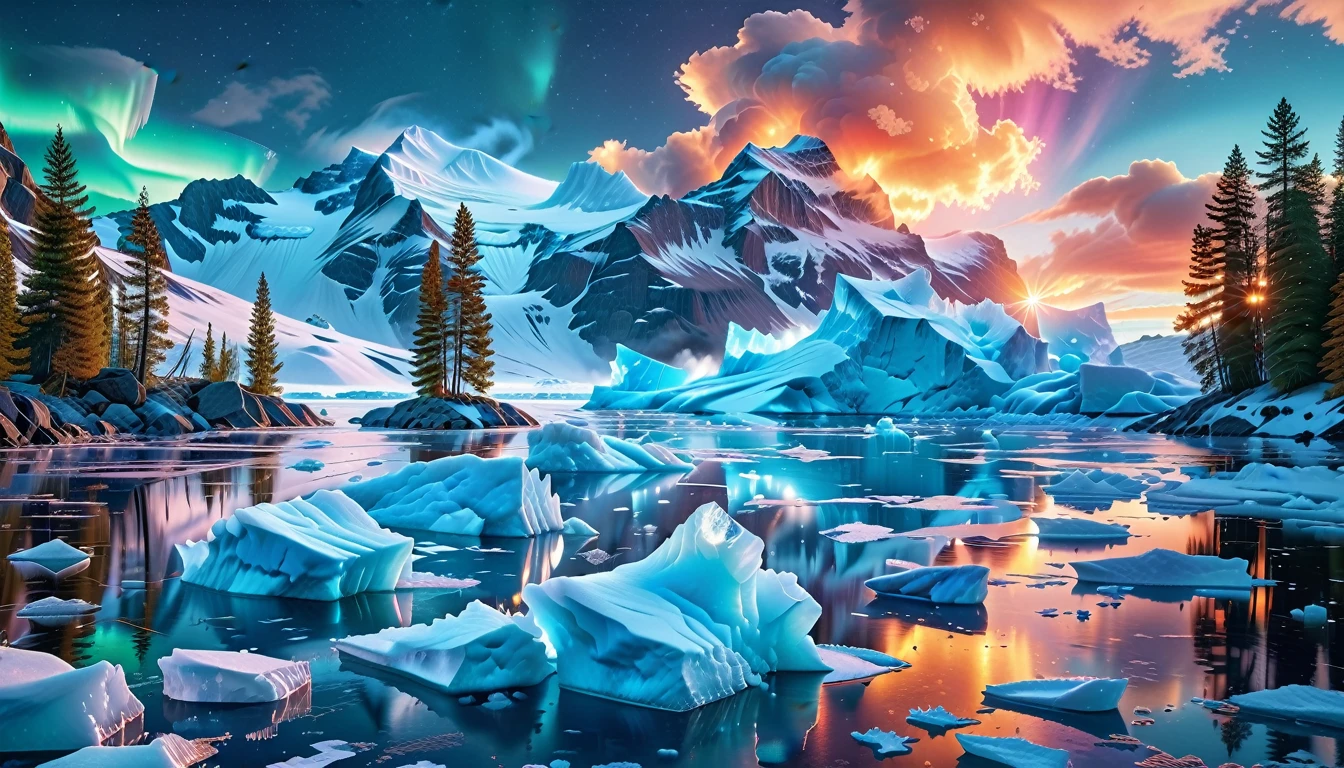 A Masterpiece In 32K Resolution, Supreme Quality, Super Detail, Official Art, Very High-Resolution 32K Wallpaper, Icy And Enigmatic, Ultra-Detailed Features, Winter Wonderland. Towering Icebergs Rise Majestically From A Serene, Frozen Lake, Reflecting The Dazzling Colors Of The Northern Lights Above. Snowflakes Swirl Through The Air, While A Cozy Cabin With Smoke Curling From Its Chimney Sits Nestled Among Snow-Covered Pines. In The Distance, Ancient Glaciers Shimmer Under The Moonlight, Creating A Magical Ambiance.