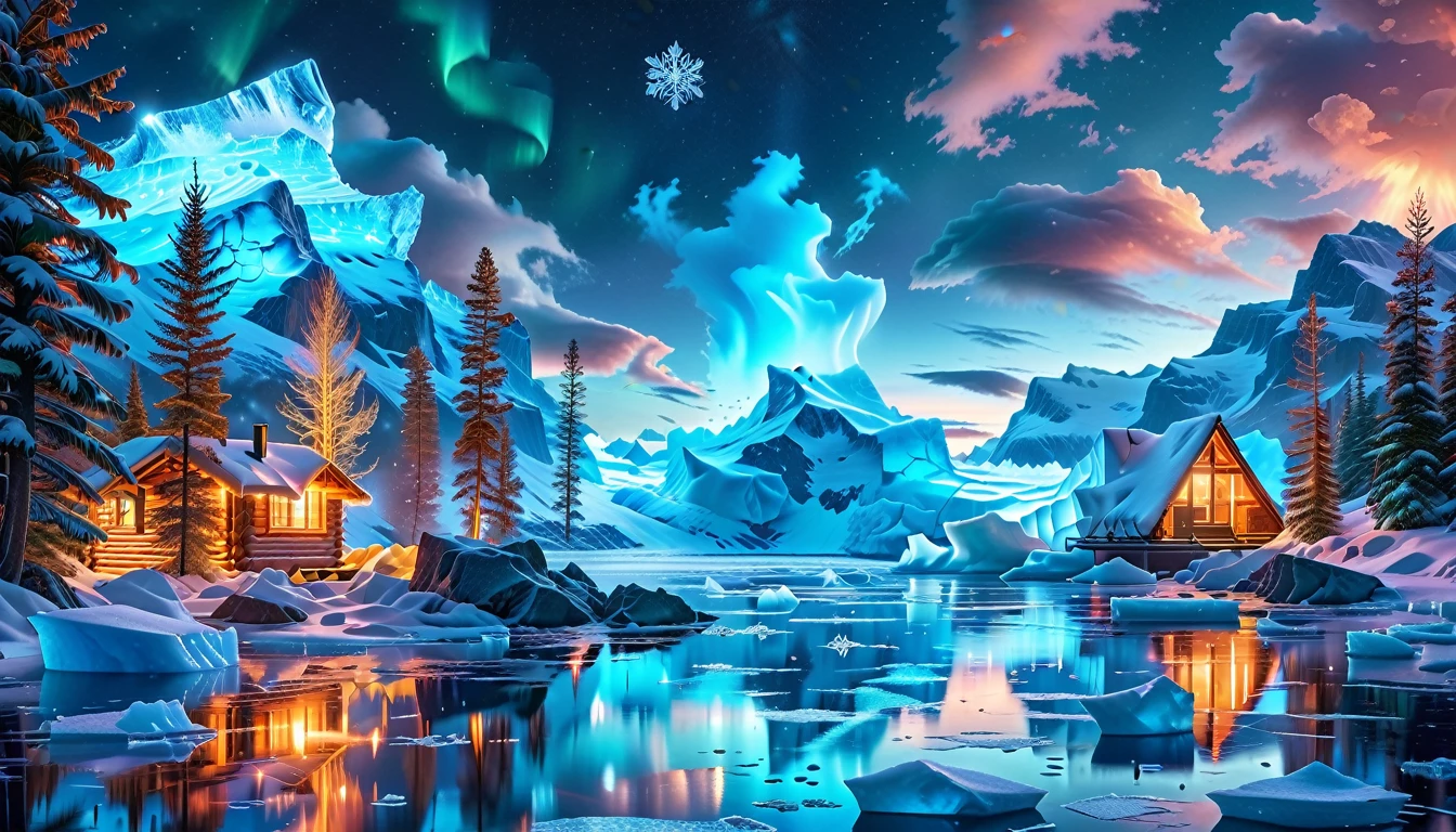 A Masterpiece In 32K Resolution, Supreme Quality, Super Detail, Official Art, Very High-Resolution 32K Wallpaper, Icy And Enigmatic, Ultra-Detailed Features, Winter Wonderland. Towering Icebergs Rise Majestically From A Serene, Frozen Lake, Reflecting The Dazzling Colors Of The Northern Lights Above. Snowflakes Swirl Through The Air, While A Cozy Cabin With Smoke Curling From Its Chimney Sits Nestled Among Snow-Covered Pines. In The Distance, Ancient Glaciers Shimmer Under The Moonlight, Creating A Magical Ambiance.