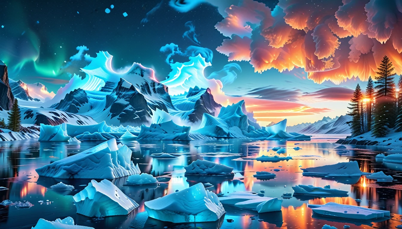 A Masterpiece In 32K Resolution, Supreme Quality, Super Detail, Official Art, Very High-Resolution 32K Wallpaper, Icy And Enigmatic, Ultra-Detailed Features, Winter Wonderland. Towering Icebergs Rise Majestically From A Serene, Frozen Lake, Reflecting The Dazzling Colors Of The Northern Lights Above. Snowflakes Swirl Through The Air, While A Cozy Cabin With Smoke Curling From Its Chimney Sits Nestled Among Snow-Covered Pines. In The Distance, Ancient Glaciers Shimmer Under The Moonlight, Creating A Magical Ambiance.