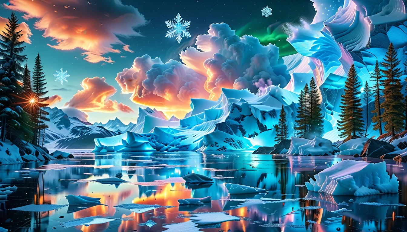 A Masterpiece In 32K Resolution, Supreme Quality, Super Detail, Official Art, Very High-Resolution 32K Wallpaper, Icy And Enigmatic, Ultra-Detailed Features, Winter Wonderland. Towering Icebergs Rise Majestically From A Serene, Frozen Lake, Reflecting The Dazzling Colors Of The Northern Lights Above. Snowflakes Swirl Through The Air, While A Cozy Cabin With Smoke Curling From Its Chimney Sits Nestled Among Snow-Covered Pines. In The Distance, Ancient Glaciers Shimmer Under The Moonlight, Creating A Magical Ambiance.