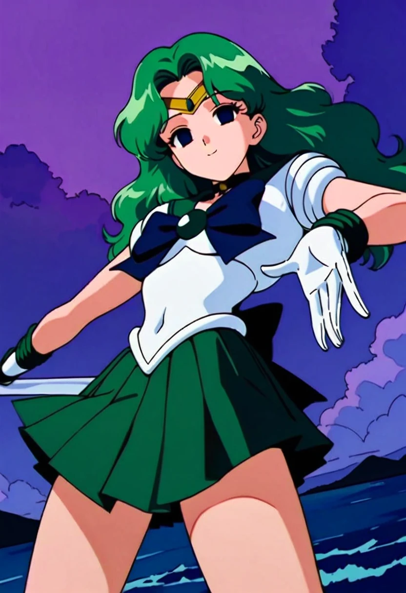 (masterpiece, Highest quality, so beautiful, Super detailed), Intricate details, 12k, Honestly,Sailor Neptune XL,1990s \(style\),1girl,solo,sailor senshi uniform,skirt,gloves,long hair,green hair,green skirt,tiara,choker,white gloves,bow,bare legs,cowboy shot,smile,sea,outdoors,(empty eyes,:1.4),from below,looking dawn,dark aura,View your viewers