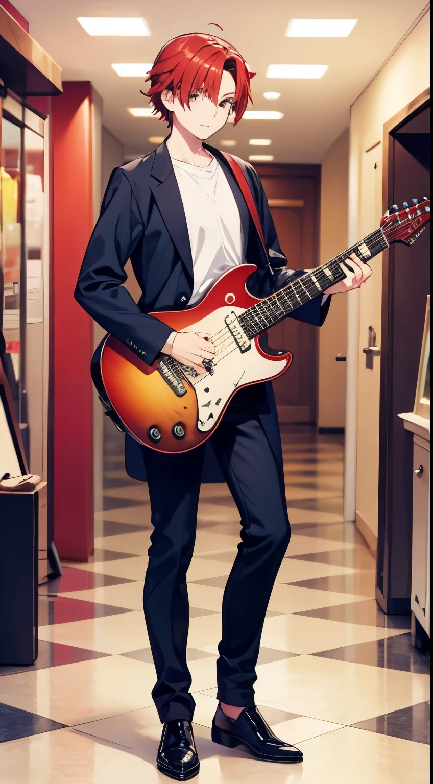 Red-haired man standing and playing guitar, full body