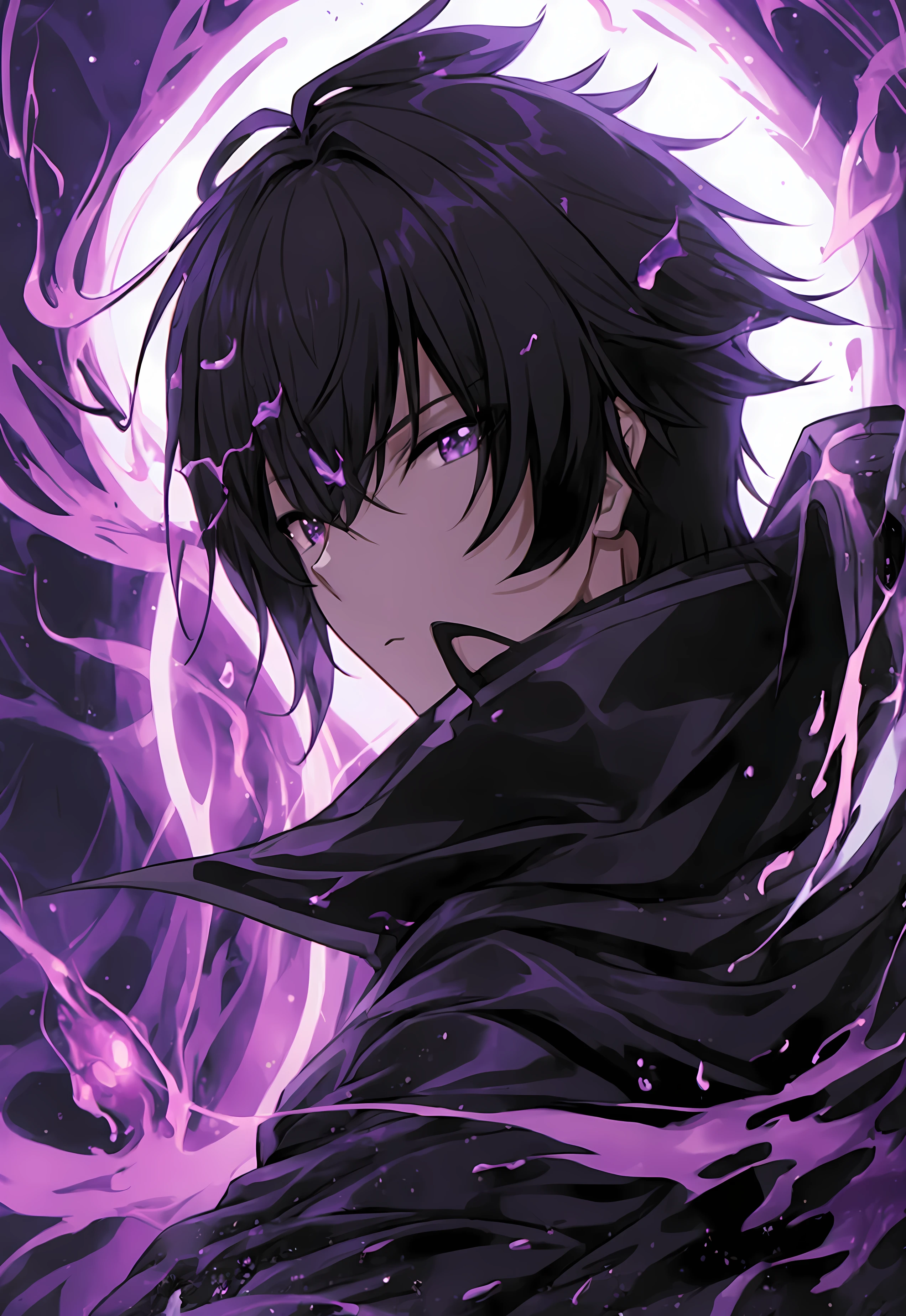 Create a highly detailed anime-style image of Cid Kagenou, also known as Shadow, from Eminence of Shadow. He should be in his Shadow form, wearing his iconic black coat made of slime, which flows dramatically in the wind. Surround him with intense, bright purple energy effects, emphasizing his immense power. His expression should be calm and confident, exuding coolness and superiority. Add glowing magical symbols in the background, also in bright purple, to enhance the mystical aura. The overall scene should be dark and intense, with shadowy effects and purple highlights illuminating his figure