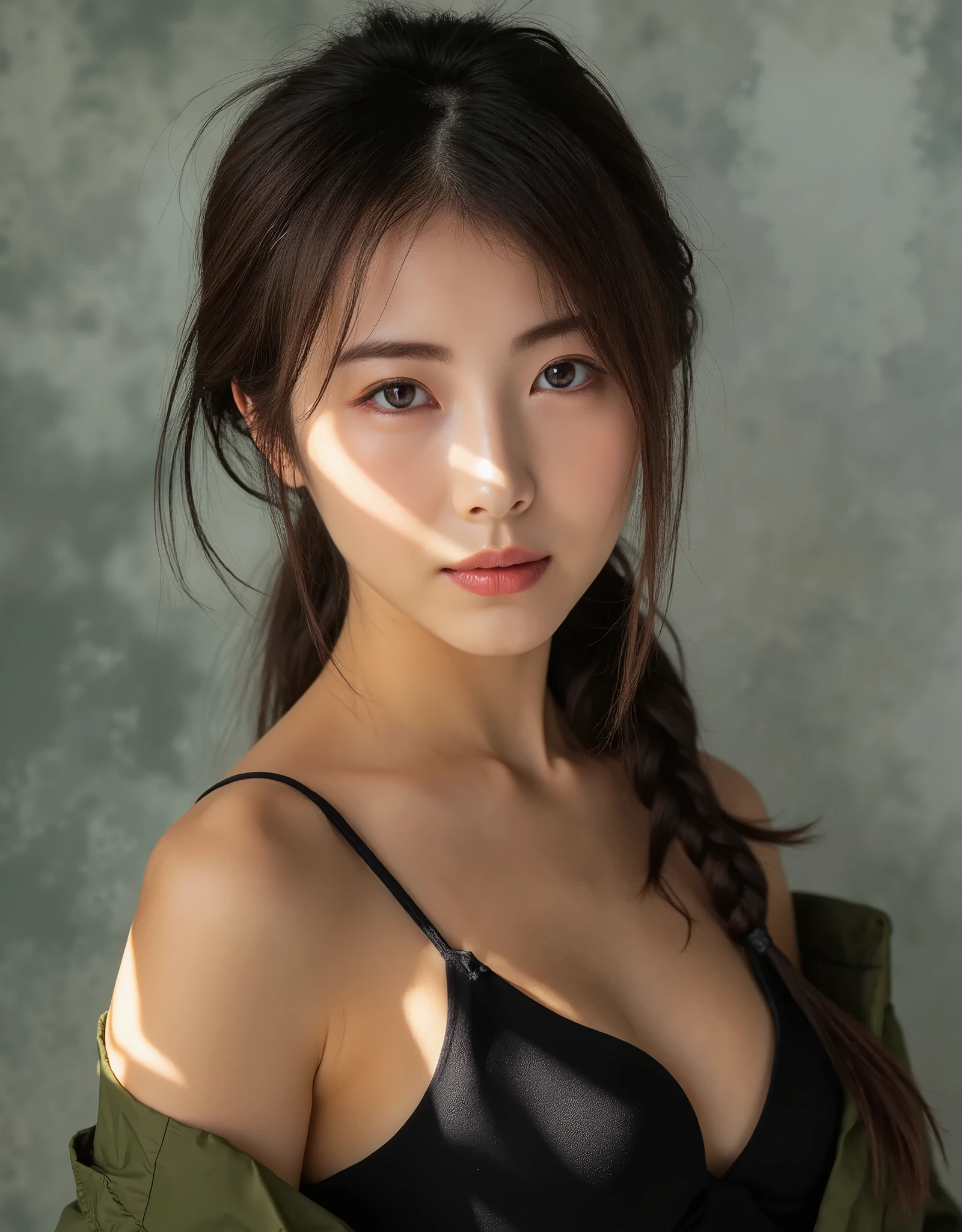 (UHD, masterpiece, anatomically correct, textured skin, super detail, best quality, highres, 8k, bloom, Front Light:1.2, Perfect dynamic composition),((action portrait)) ,((super slender))

close-up portrait of East Asian woman, soft natural lighting, loose braid, black tank top, olive green jacket, warm gentle expression, softly blurred background, relaxed pose, soft shadow