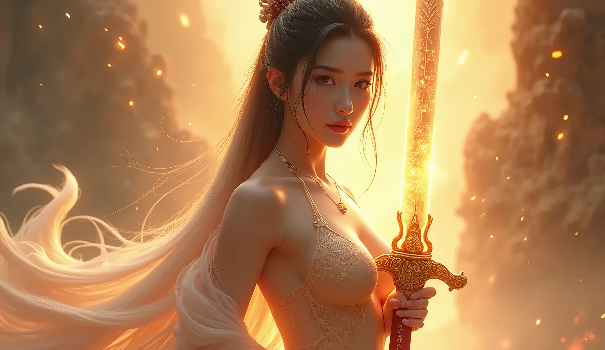 Break, (1girll:1.3), Solo, view the viewer, (young cute beautiful 18-year-old girl:1.4), 3D face, (Hands of Guido Daniele:1.4), Beautiful girl, Beautiful face, pretty, girlface, Kpop idol, Supermodel, stunning innocent symmetry face, Perfect body, Medium breast, Slim waist, Slim legs, (highdetailskin:1.5), Glowing eyes, Goddess, Natural skin texture, Shiny skin, White skin, Beautiful detailed face, Detailed face, Real skin texture, cute delicate face, finerly detailed face, Golden ratio, golden-ratio face, Expressive eyes, Perfect face, Perfect skin, Flawless face, Clear face, Shiny hair, Pale skin, Proper body proportion, Perfect anatomy, Realistic skin texture, lusciouslips, Glossy lips, Natural makeup, beautiful bright pupils, Slender figure, intricately detailed eyes, Detailed pupils, Detailed face and eyes, long eyelasher, Blush, nice hand, Perfect hands, Pretty face, beautiful female bodies, Fine fine skin, oiled shiny skin, Clean facial features, An extremely delicate and beautiful, Cute & Girly, Beautiful detailed eyes, Stars in Eyes, detailed simmetric eyes, perfect smooth skin texture, Break, (((((Brilliant colors, (White robe, Chinese clothes, (Bracers:1.2), White robe, Chinese clothes, Sexy, Slim, Energetic sports style, low angles, Long hair, Gray hair, White hair, Purple eyes, sword, ((holdingsword)), Blue Flame, glowing weapon, Light particles, the wallpaper, color difference:1.4), goddes, Aura, most beautiful artwork in the world, atmosphere:1.2), (Dramatic, grittiness, Intense:1.4), (Depth of field:1.7), (Palace, clubs, A girl in Hanfu, Mountain, River, old trees, pines, Birds, moss, Near the girl sits a white cat:1.2), (ornaments detailed, traditional garb, water, Chinese clothes, sash, tree, petals, hair adornments, Floating hair, Rock music, Falling petals, flower, chinese traditional architecture, ancient art, Chinese style, Chinese, Lake background, Chinese architecture, misty lake, Ancient Chinese background, After the rain, wet grass and tree