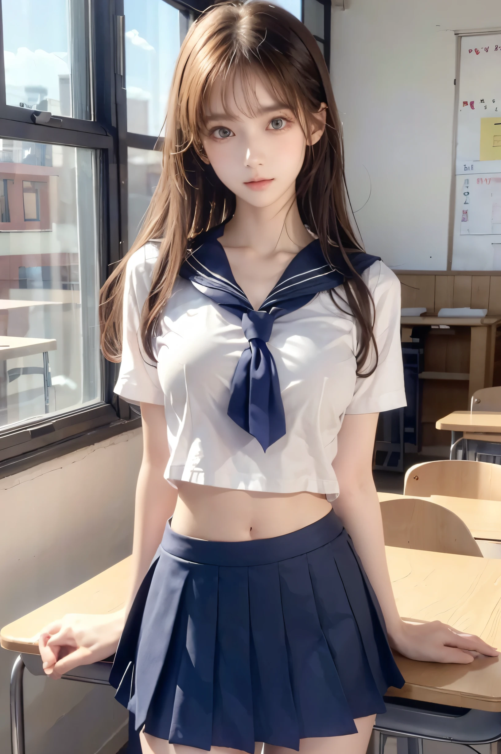 (Ultra HD), (Looking at me), (Short-sleeved sailor uniform, Navy blue mini skirt), Big Breasts, Super beautiful breasts, Slender, (Thin legs:1.2), (Thin thighs:1.2), (Thin Hips:1.4), (Beautiful Skin, Shiny skin, White skin), (Super slim face, Super beautiful face, No makeup, Smile:0.6), (Light Brown Hair, Semi-long, Layered Cut, Fluffy hair), (Big eyes:1.3, High corners of the eyes:1.6, double eyelid), (Thin eyebrows:0.1), (Small Nose:0.6), (Thin lips:0.6), Beautiful Hands, Empty-handed, Standing, School classroom