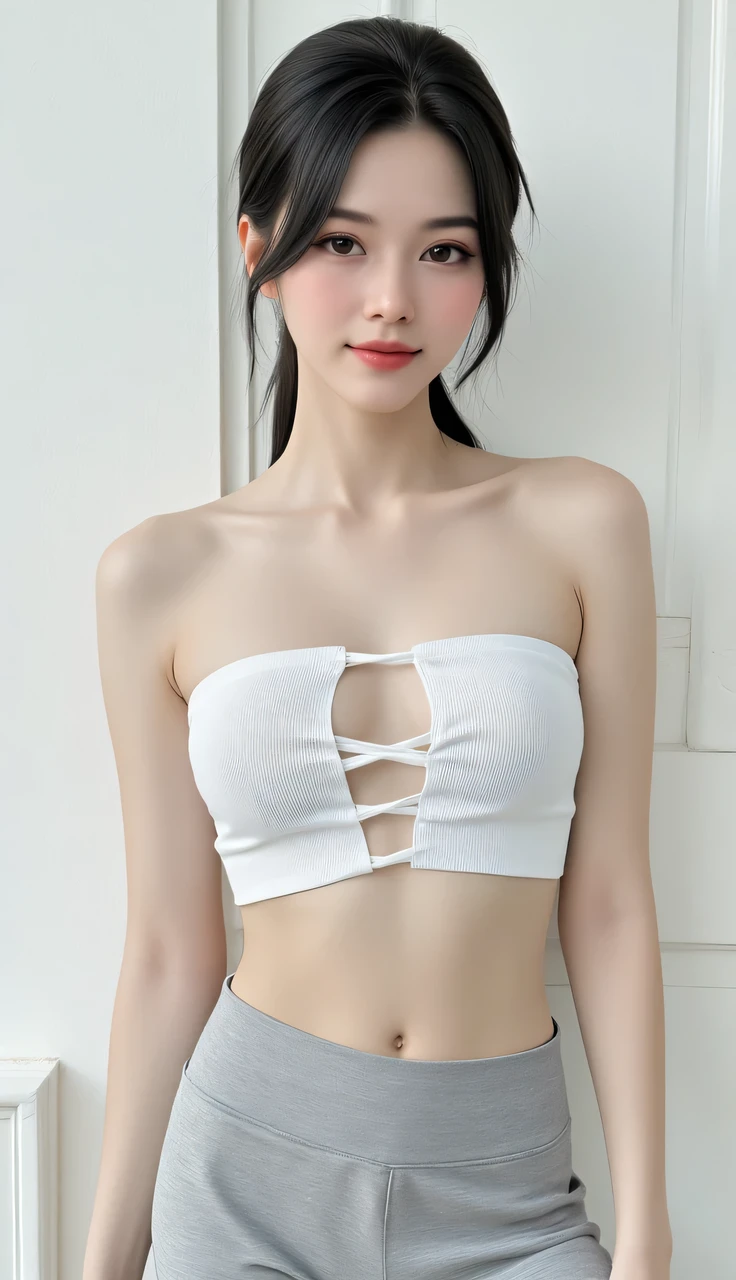 Portrait of a charming 29-year-old Korean woman. She has a pixie haircut and is wearing a strapless tank top with a navel cutout and yoga pants. Her expression is a soft smile, exuding a touch of sexiness. She stands centered in the frame, facing directly at the camera. The lighting is natural and bright, highlighting her features. The background is a simple white wall. Shot with a high-resolution mirrorless camera using a 50mm prime lens at f/2.2, capturing every detail with precision. The image has a clean and modern look, reminiscent of fashion photography. Post-processing enhances the colors and sharpens the details for a polished finish.