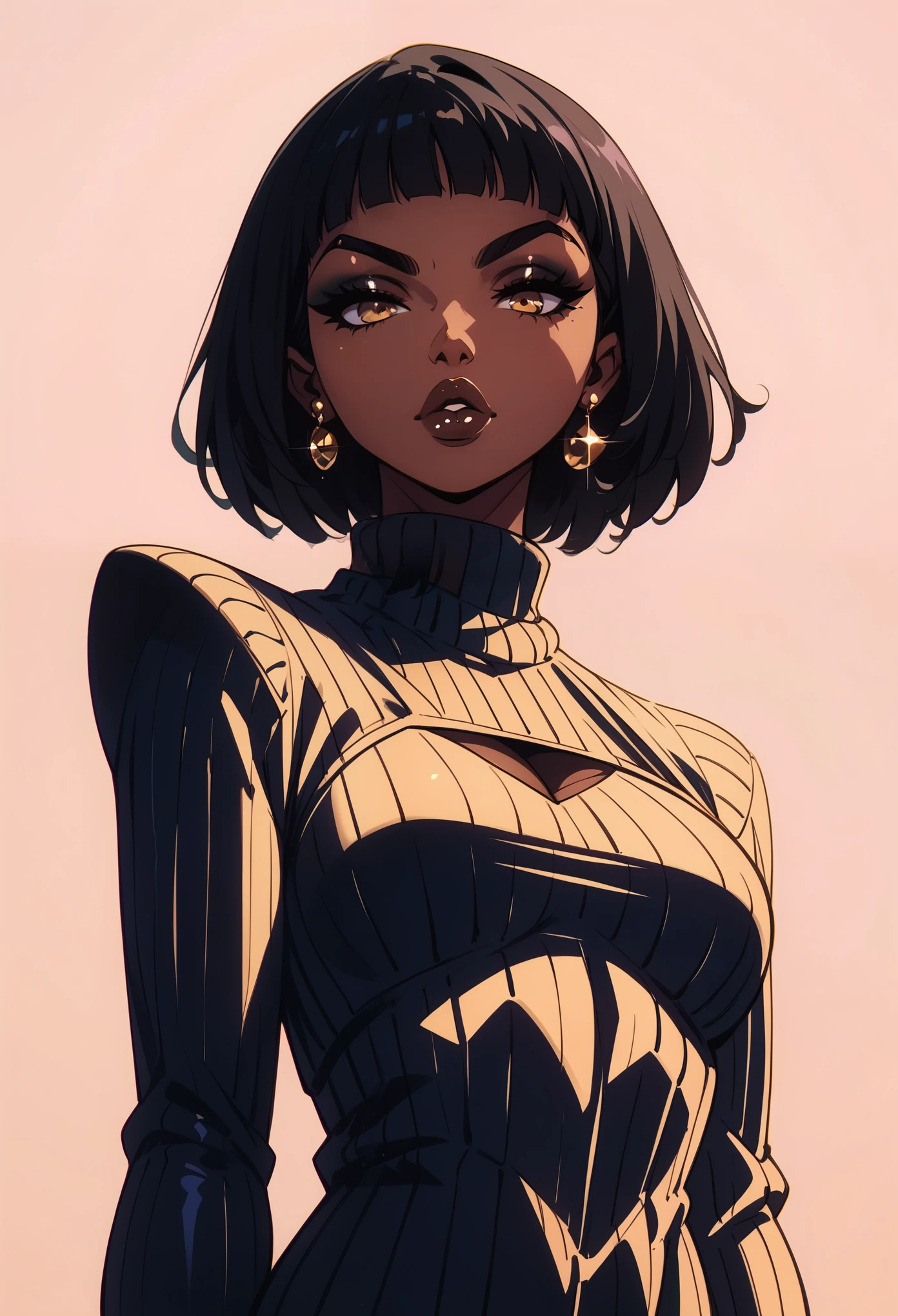 score_9, score_8_up, score_7_up, score_6_up, score_5_up, score_4_up, 1girl, low angle, gorgeous, beautiful, simple background, keyhole sweater, dark skin, glossy lips, looking down at viewer, fleeky eyebrows, black hair, bob cut, golden eyes, earrings,