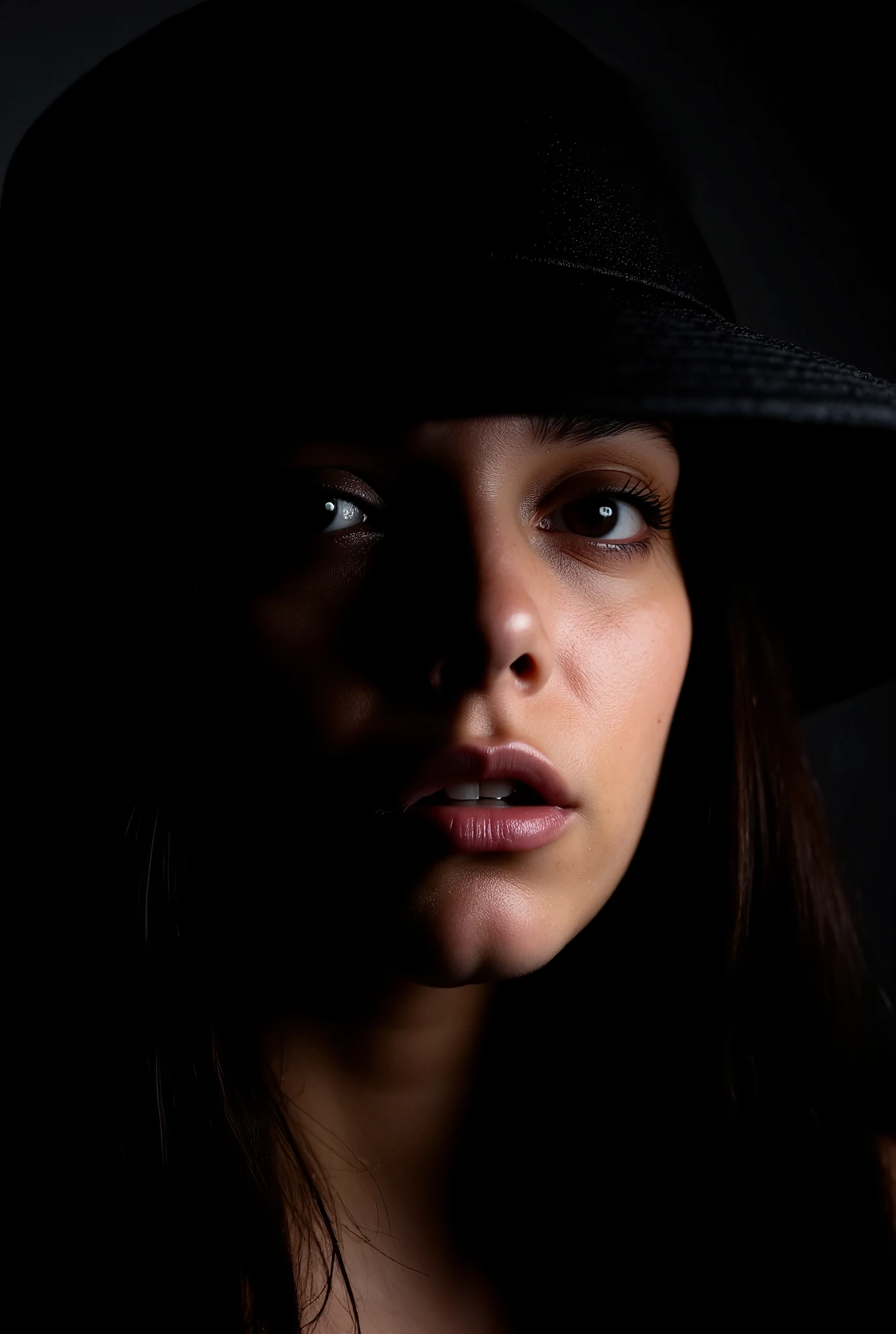 A mysterious face photo in the dark of a woman vamp scg-anatomy-female in a hat, atmospheric perspective, bokeh, Sony FE GM, f/2.8, 85mm, chiaroscuro, god rays, reflection light, backlighting, Realism, 8k, best quality, high quality, high details, super detail, textured skin, anatomically correct, masterpiece, accurate, retina, UHD