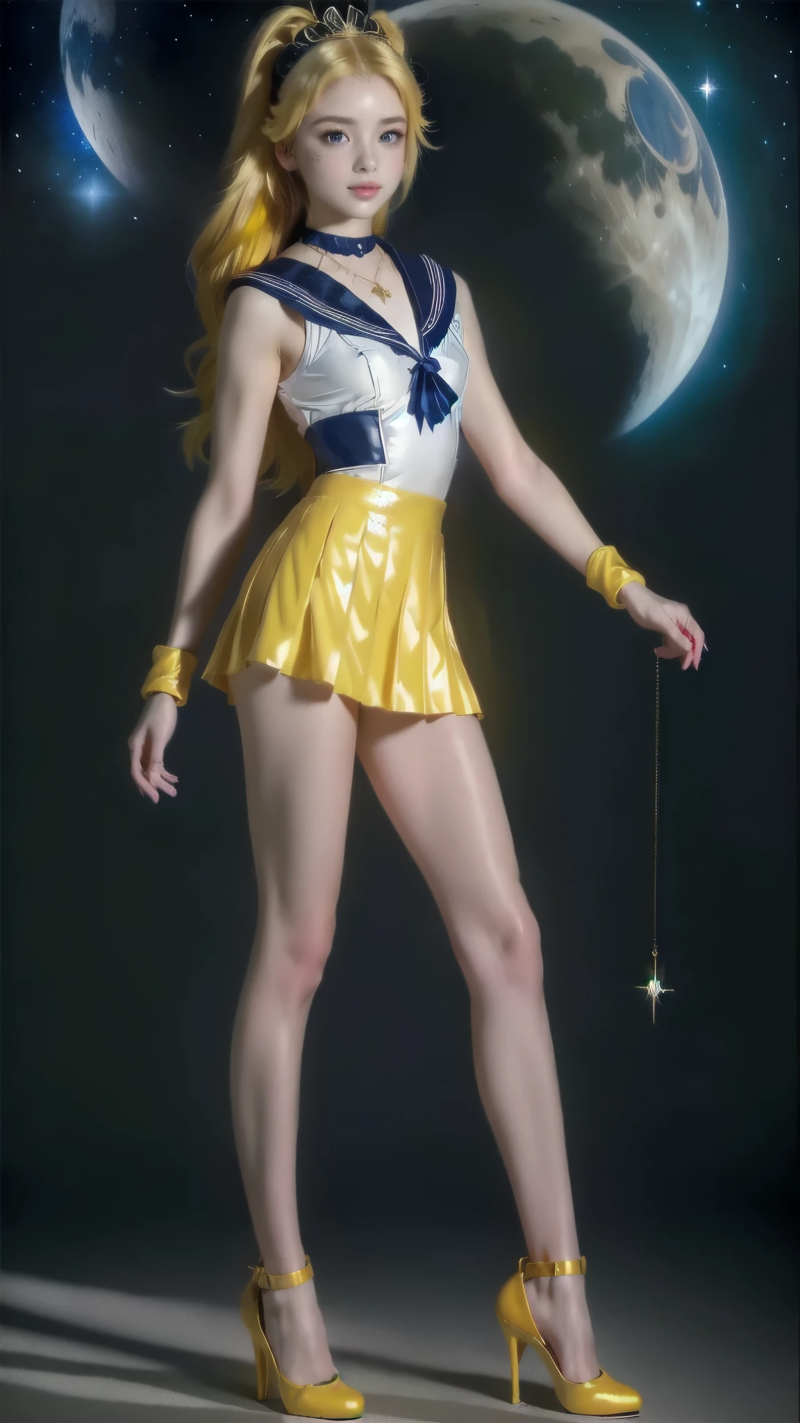 ((​masterpiece:1.4)、(top-quality:1.4)、(reallistic:1.7))、masuter piece:1.4、a beauty girl、(Sailor Moon:1.4)、Tsukino Usagi、Body Fit Sexy Sailor Senshi Uniform、(latex shiny)、(The jacket is a white sleeveless sailor suit)、(Skirt Blue Sexy Ultra Ultra Pleated Mini Skirt)、The collar of the sailor suit is blue with two thin lines.、high leg swimsuit、Red cloth ornament at chest、(Wearing white gloves)、Kawaii Girl、Super beauty、foco nítido、Portrait photos、Upper body photography:1.4、beautiful countenance、beautidful eyes、Narrow waist、beauty legs、(yellow hair:1.4)、(length hair:1.2)、Beautiful udder、large full breasts:1.2、Sexy ass、Raw photo、red-lips、Red high heels:1.4、a choker:1.4、a necklace:1.4、耳Nipple Ring:1.4、Luxurious Golden Tiara:1.4、1 screen display、a moon、kosmos、spaceships、A space station、City of the Future, (tan, muscular, , petite, child, , toddlers, chibi, sd character:1.1), (Single person:1.5)，(Masterpiece:1.5), (Best quality:1.2), BREAK [Blue:peach red:0.5] theme, (gradient backgrounds :1.1), Cowboy shot, Upper body body，Cinematic light，(Perfect Hand 1.5)， Slender beautiful legs，Flat chest，Playful, (2 0 years old), ( petite, chibi, sd character:1.5), (full body:1.8), (upper body up:0.3), (hyper realistic:1.4), (realistic:1.3), (best quality real texture skin), Detailed eyes, detailed face, PERSEPHONE, (SFW:1.5) Etiqueta negativa, body proportions, (Chapped lips:1.4), (blush de nariz:1.2), foreshortening, black cuts, (eye contact), High contrast, ultra high resolution, high resolution, detailed, rosto limpo, (rosto sensual:1.5), (Grandes olhos roxos:1.2), (olhos ultra detalhados:1.4), (Olhos de alta resolução:1.1), (textura de pele ultra detalhada:1.4), PERSEPHONE, PERSÉFONE, Perséfone, (NSFW:1.5), (full body:1.8), (upper body up:0.3), (hyper realistic:1.4), (realistic:1.3), (best quality real texture skin), Detailed eyes, detailed face,