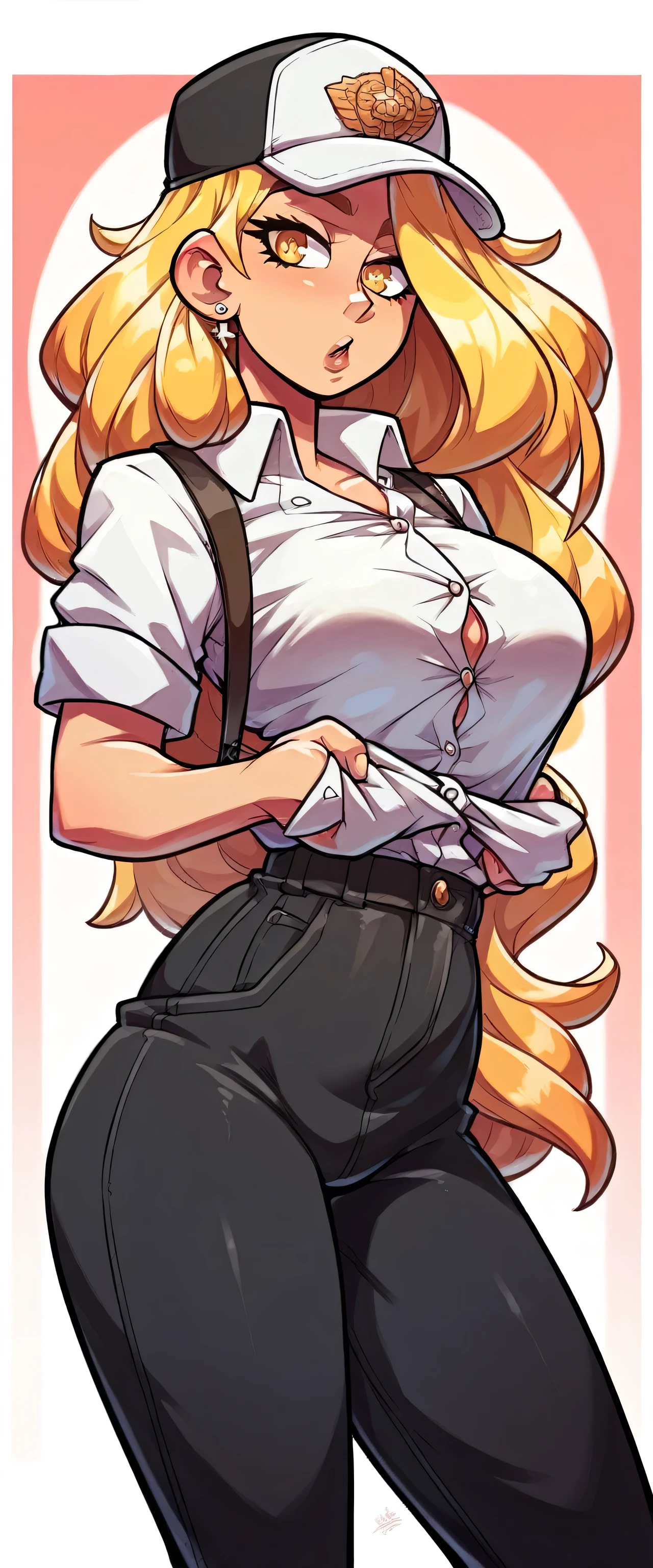 In anime A sexy sensual woman beautiful beautiful attraction long blonde yellow hair her gray eye wears a white button-down office shirt and a short purple skirt Mexico flag love