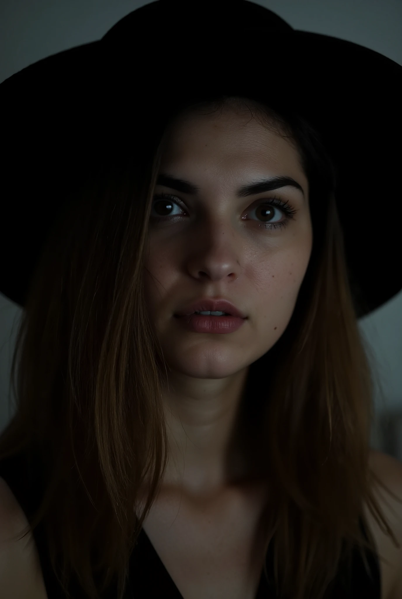 A mysterious face photo in the dark of a woman vamp scg-anatomy-female in a hat, atmospheric perspective, bokeh, Sony FE GM, f/2.8, 85mm, chiaroscuro, god rays, reflection light, backlighting, Realism, 8k, best quality, high quality, high details, super detail, textured skin, anatomically correct, masterpiece, accurate, retina, UHD