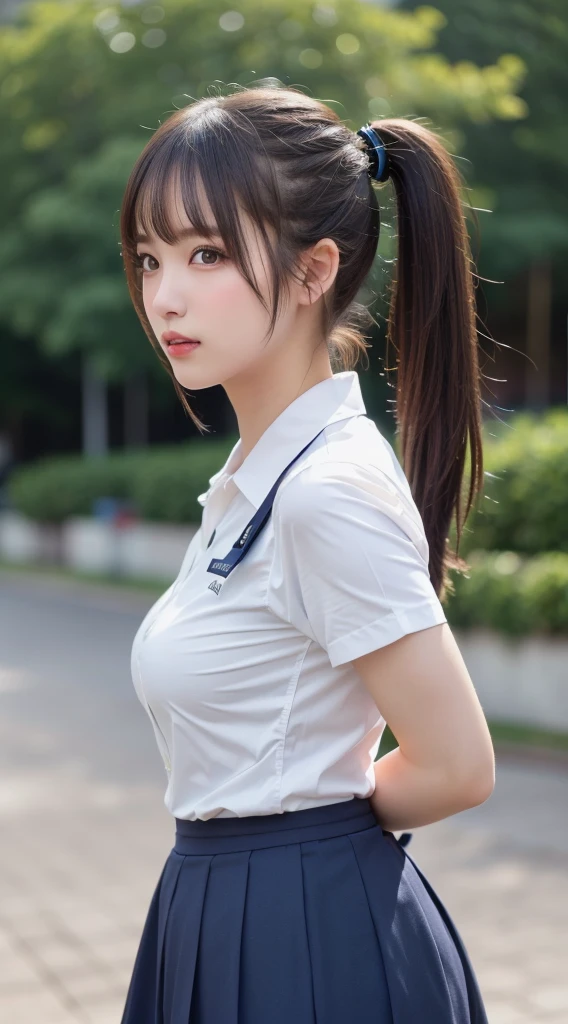 highest quality, masterpiece, ultra high resolution, (realistic:1.4), (portrait facing each other) RAW photo, 1 girl, 18-year-old,((Miniskirt Uniform)),((Ponytail and Hair Tie)),((looking up at the viewer)),realistic,((Simple solid color background)), pictureedium chest)),((toothy smile)),