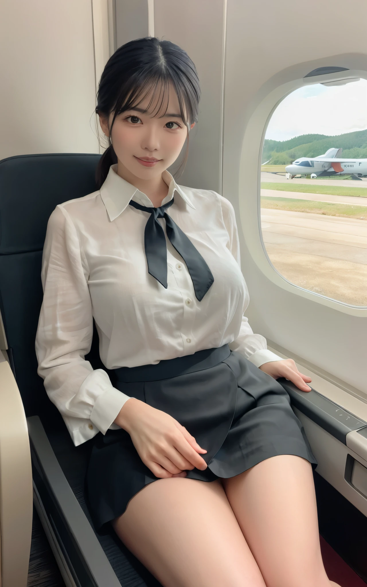 smile,one japanese cabin attendant, milf, 40yo, (masterpiece, Highest quality, 8K, RAW Photos, beautifully, aesthetic:1.2), Intricate details, indirect lighting, Realistic,
whole body, Sitting on a chair on the plane, Staring at the viewers, Voyeur, 
 Square neck button-down linen sundress, 
 Training women, neckerchief, mini skirt, thick tight:0.75, Chair to sit under skirt,