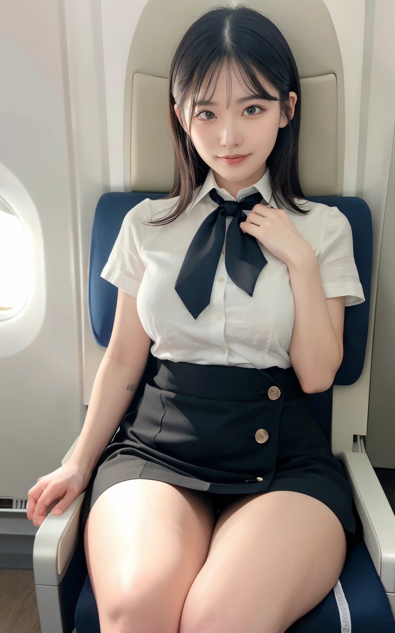 smile,one japanese cabin attendant, milf, 40yo, (masterpiece, Highest quality, 8K, RAW Photos, beautifully, aesthetic:1.2), Intricate details, indirect lighting, Realistic,
whole body, Sitting on a chair on the plane, Staring at the viewers, Voyeur, 
 Square neck button-down linen sundress, 
 Training women, neckerchief, mini skirt, thick tight:0.75, Chair to sit under skirt,