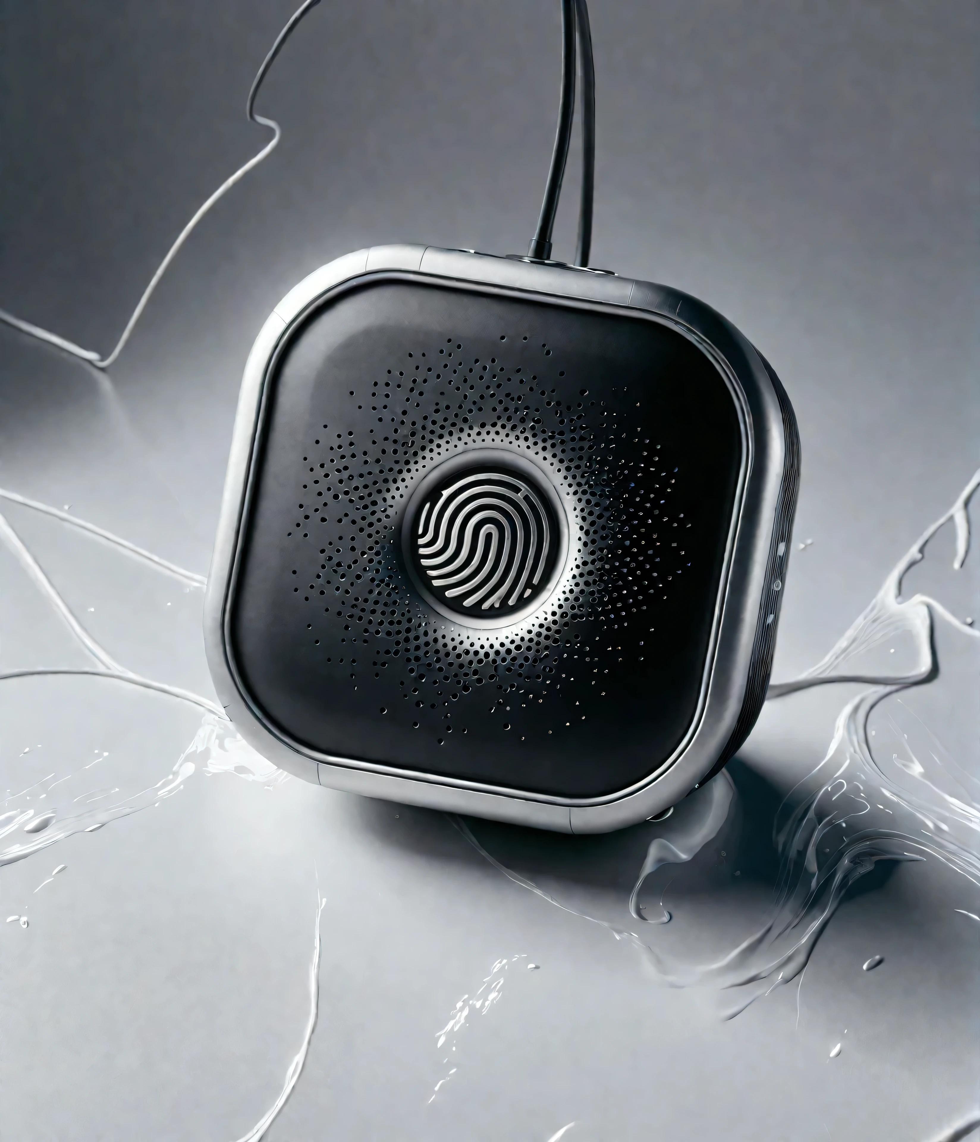 there is a black and silver speaker with a fingerprint on it, digital art - w 0, 2020, 2 0 2 0, futuristic product design, bold, speakers, 2 0 2 2, 2022, sleek waterproof design, product design shot, crisp smooth lines, small gadget, 2019, 2 0 1 9