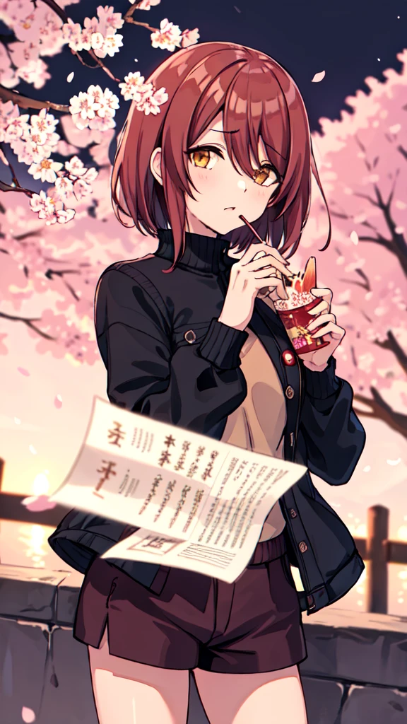 One Girl,Osaki Tenka, Medium Breast,short hair, Brown Hair, Yellow Eyes,  lanthanum, Cherry Blossoms, night, Alone, Check pattern, Outdoor, holding, petal, Check pattern skirt, jacket, night null, flower, look up, Brown Hair, null, skirt, Half up,  bangs, holding food, paper lanthanum, Blurred, null間, tree, Red Hair, Dutch Angle, very short hair, sweater, Japanese sweets, food, Long sleeve, Shorts, Blurred foreground, star (null), Hair Accessories, black jacket, Written boundary depth, Open your mouth