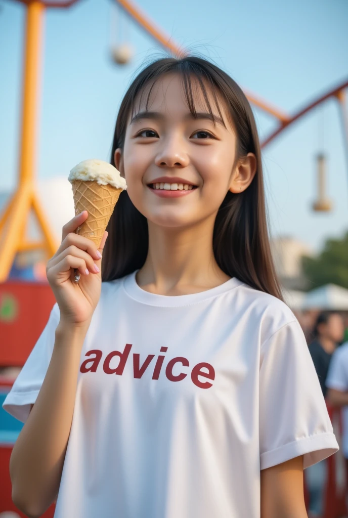 Photo of a white-skinned ASEAN girl smiling, holding an ice cream in her right hand, happy to go to an amusement park, wearing a white shirt with the words ADVICE on her chest.