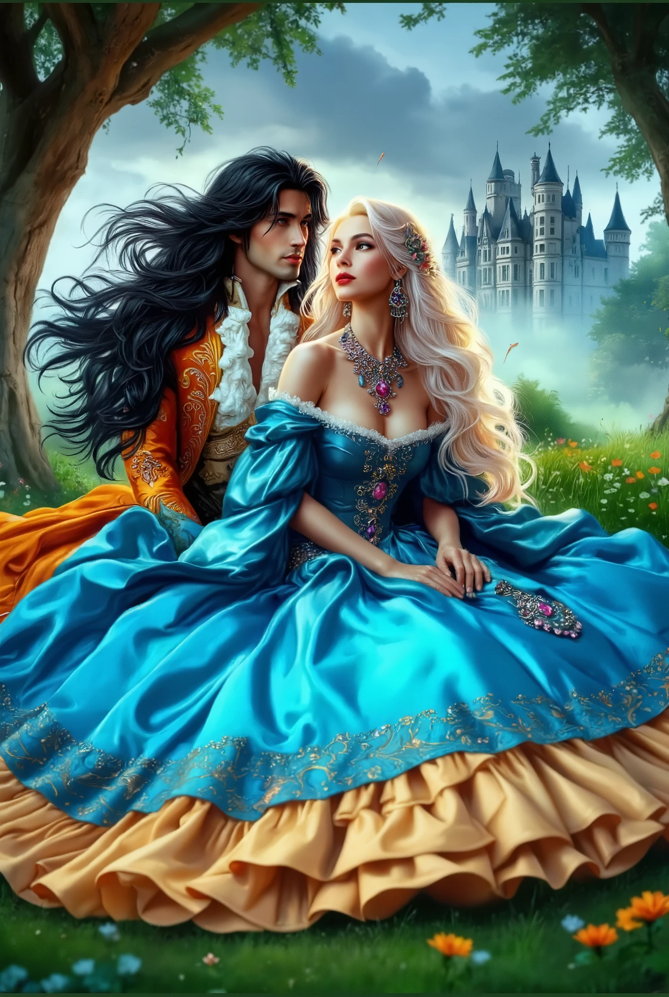 extremallydetailed digitalbrightrealisticillustration full-bodies весь longblackhaired care passionate handsome prince and blondewoman in bright color silkgown sit ongrass.victorian era's old england dress.VIVIDbrightCOLORS.eyes to eyes.Poeticaly.Manyelements details.Massive luxury jewellery this stones.Very detailed very beautiful model faces.Emotional.Lovers.Looking at me.Very beautiful perfect shiny hair.Double exposure-fantasy castle and landscape.canon eos r3, 50mm, 32к[Ultraglossing blicks  ultra-detailed, illustration, intricate, detailed, extremely detailed, detailed face, soft lighting, soft light, perfect face, beautiful, accurate anatomy, overexposure, 8k, 4k, (highres:1.1), best quality, (masterpiece:1.3), jewelry, l hair ornament, hi-rez ultradetailed background, long hair]