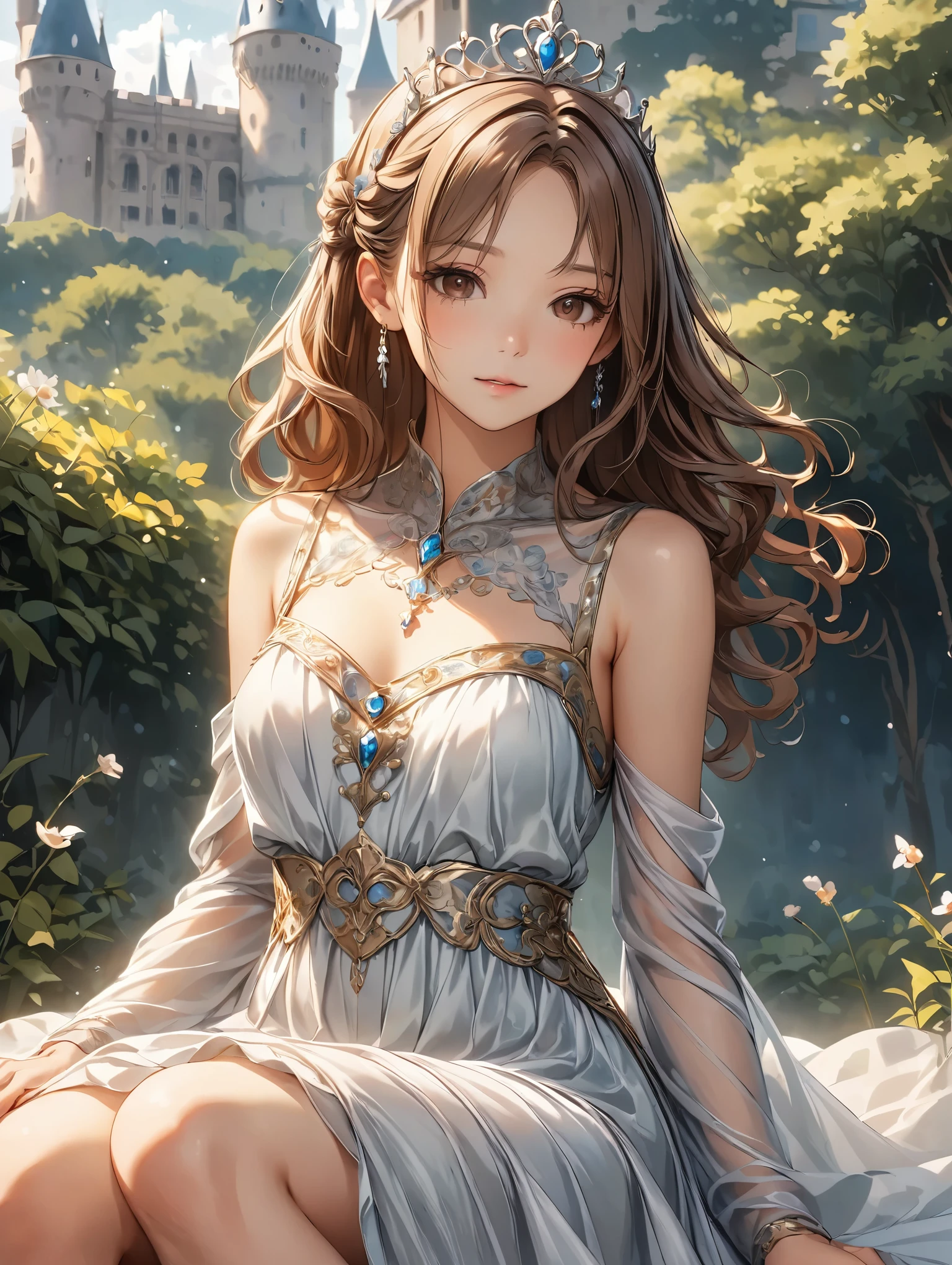 (masterpiece:1.4), (best quality:1.4), illustration, anime drawing style, 1girl, solo, ((beautiful wavy hair)), flowers and sparkles, stunning hair, bright stunning eyes, collarbone, perfect bodyshape, slim body, shiny skin, detailed face, natural make up, parted lips, upper teeth, cleavage, small breasts, (cute embroidered dress), long nails, beautiful accessories, jewerly, looking at viewer, professional light, glowing