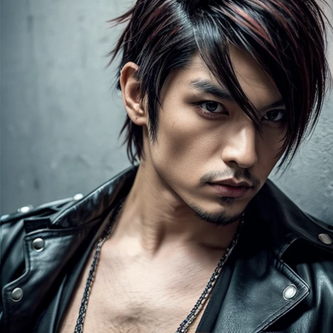 1 man, male, Japanese man, Visual Kai hairstyle, ultra detailed face and body, hyperrealistic, realistic representation, muscular, broad shoulders, tattoos gothic style, piercings, Visual Kei style, hairstyle Visual Kei, blond, long hair, 40 years old, age 40, outfit gothic streampunk, men's shirt and black pants, Asian eyes, eyes Asian, Visual Kei hairstyle 