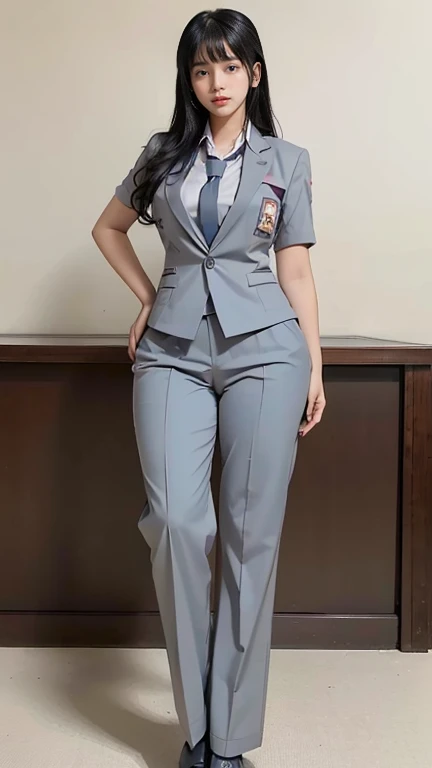 Best Quality, masterpiece, Ultra-high resolution, (Realistic:1.4), RAW Photos, Very detailed, Perfect Anatomy, One Woman, Age 25, ((Wearing light grey business suit pants with buttocks facing up:1.4), Shut your mouth., Show me your ass, ((Very beautiful black hair)), (bangs),Very beautiful slender body, Very beautiful breasts, (ビジネススーツのパンツをはいたとてもBeautiful ass), Very beautiful slim thighs, Very beautiful realistic skins,  Beautiful ass, Beautiful thighs