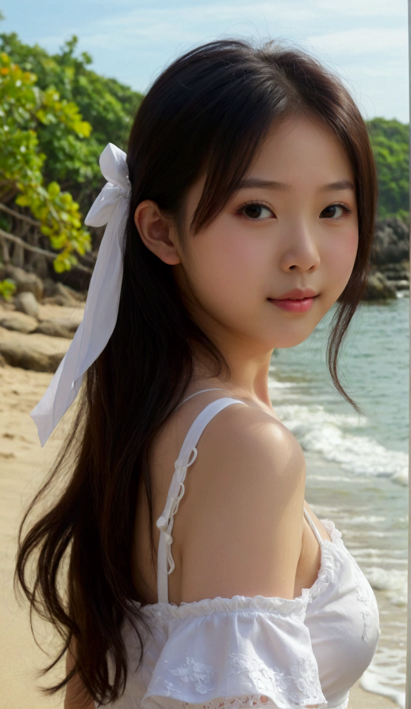 Prettiest asian girl, the cutest asian girl, sweet asian girl on the beach, relaxing, age 9 with cute budding_breast, pale skin, juveniles physique, charming adolescents girl, wear white camisole dress that show off her unique cuteness, full-body shot