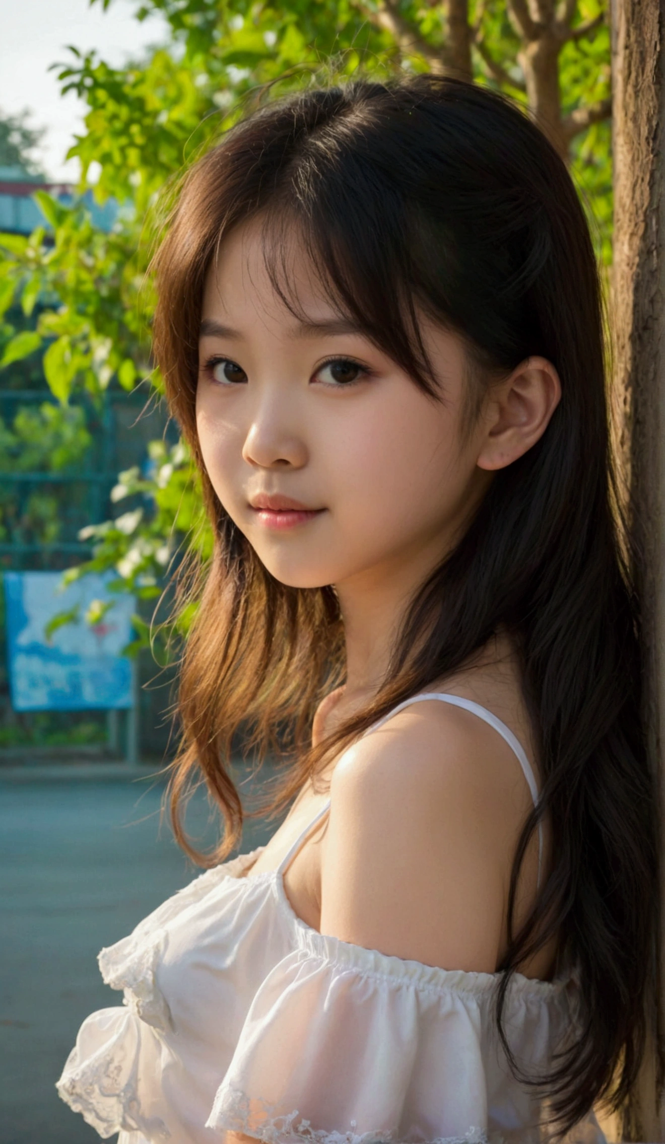 Prettiest asian girl, the cutest asian girl, sweet asian girl on the schoolyard, relaxing, age 9 with cute budding_breast, pale skin, juveniles physique, charming adolescents girl, wear white camisole dress that show off her unique cuteness, full-body shot