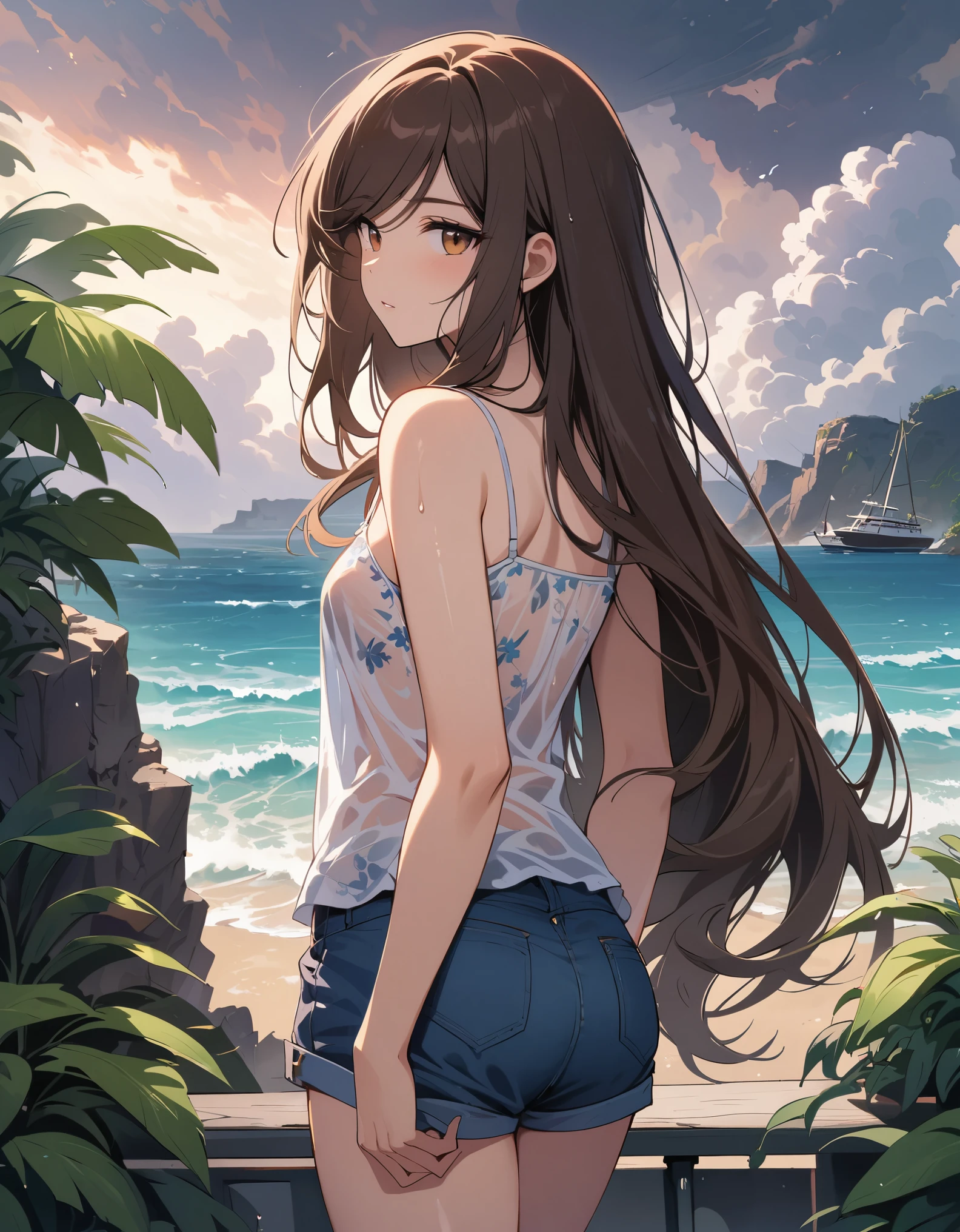 ((Masterpiece)), ((best quality)), (Anime:1.3), (super detail:1.2), (High Definition:1.3), (Professional Photography:1.3), (wide shot), (very aesthetic:1.2), (absurdres:1.2), (sharp focus), (perfect light), 8K, Glossy skin, cinematic lighting, 1 young woman, (ribbed white strapless shirt), (jean shorts), toned arms, small breast, very long brown hair, (brown eyes, swept bangs), stoic, open mouth, collarbones, Hair that flutters in the wind, BREAK, ((best quality)), (very aesthetic:1.2), (absurdres:1.2), (Leaning against vine draped low Parapet, tropical plants, thunderhead clouds, storm on horizon), (tropical city, beach), summerday, Beautiful Adriatic Sea,