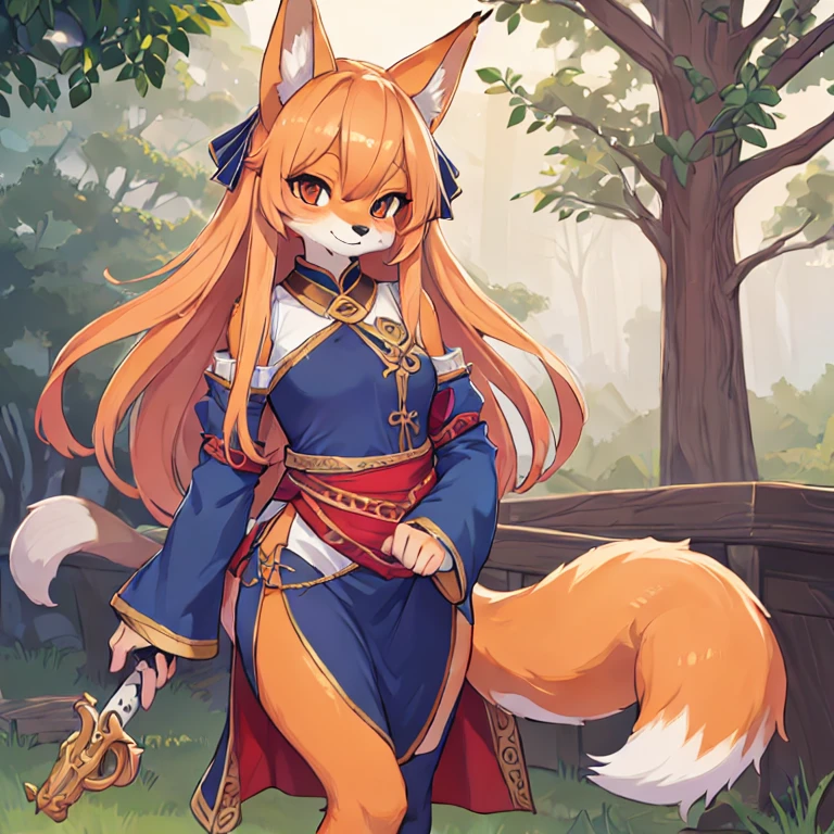 highest quality, high quality illustrations, masterpiece, perfect anatomy, performance, fox, female, anthro, furry, fox tail, beautiful, cute, long hair, safe for work, is wearing something