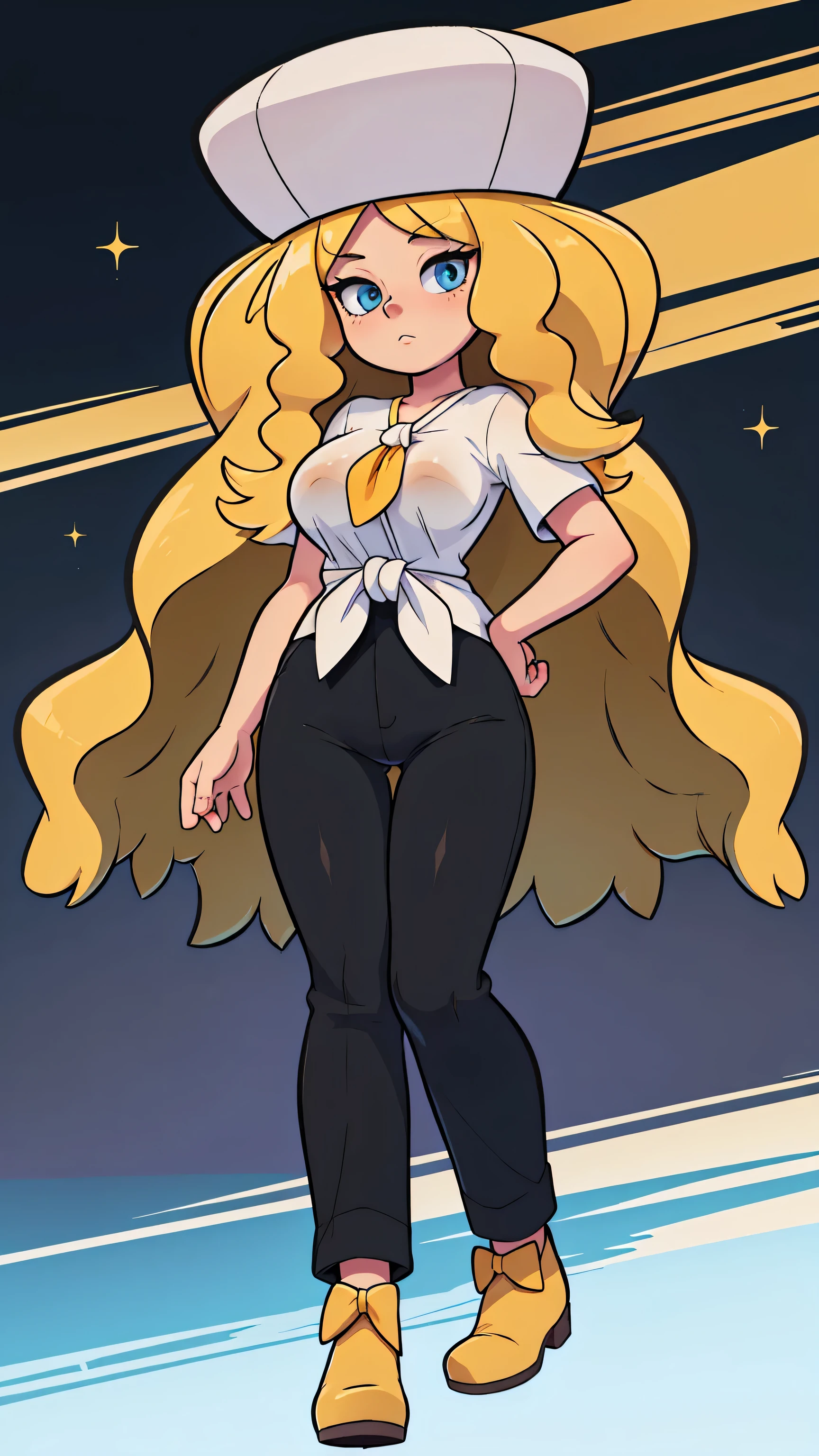 a sexy woman attractive big breast radical youth beautiful long wavy yellow hair wearing cap winter soviet golden her bright colorful eye wears white buttoned blouse tied knot short sleeve and long black pants big thigh sensual long golden heel