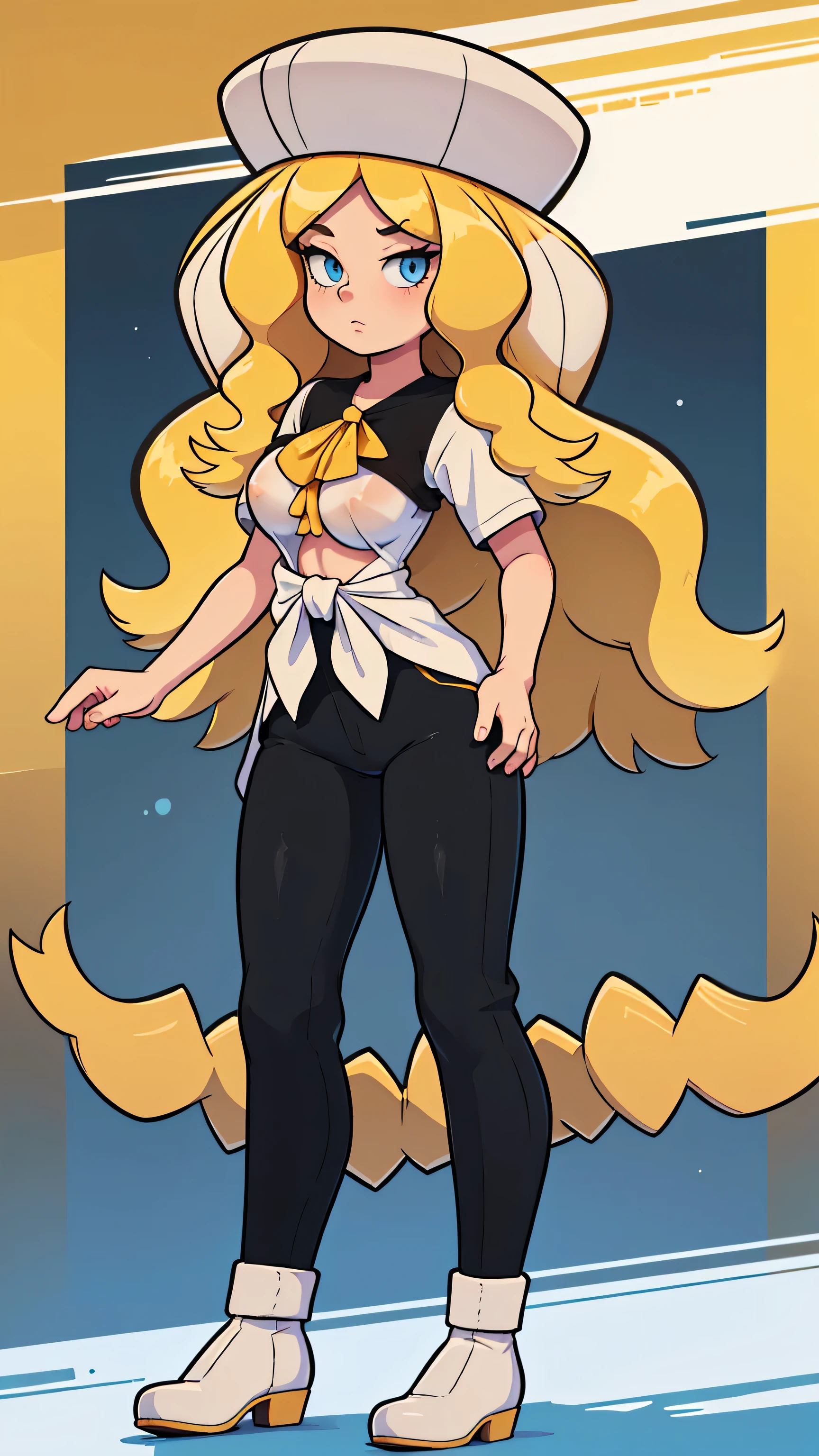 a sexy woman attractive big breast radical youth beautiful long wavy yellow hair wearing cap winter soviet golden her bright colorful eye wears white buttoned blouse tied knot short sleeve and long black pants big thigh sensual long golden heel