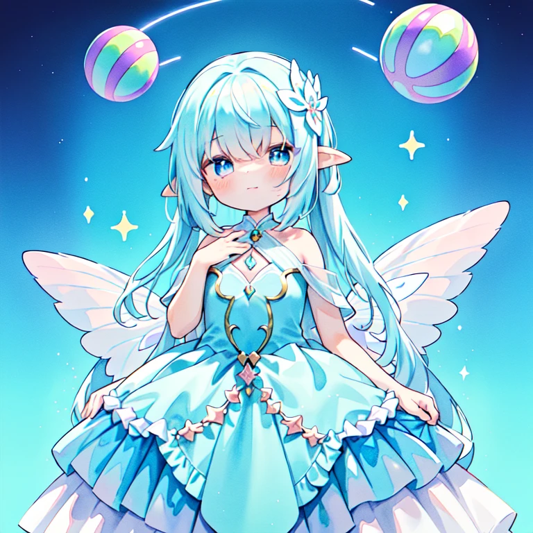 (Pastel colors:1.3)、(cuteイラスト:1.3)、(Watercolor:1.1)、Please redeem, masterpiece, Surreal, High resolution, Very detailed, 8k, (One Girl:1.3), cute, anime, Translucent white skin, beautiful fairy girl in tiered colorful gradient ballgown dress, Gradient Sparkling ,A dress with lots of frills、 Fairy Queen, Giant white fairy wings、 Flowers and colorful plants, beautiful, masterpiece, Please redeem、Gradient Hair, Light blue hair, Floating Hair, Wavy Hair,Fluffy hair、 Very long hair, Hair ribbon on the back of the head, 頭にPastel colorsの花輪,Light blue eyes, Long eyelashes, Pointed Ears, A light smile, Bright students, ((Shiny, fluffy layered ball gown)), (magic, Whimsical), Long, flowing, colorful hair, Colorful Fantasia Background, Disney Art Style, There&#39;A shining aura around her, beautiful digital illustration, Dreamy landscape of another world, plants, flowers, beautiful, masterpiece, Please redeem、corolla、pink