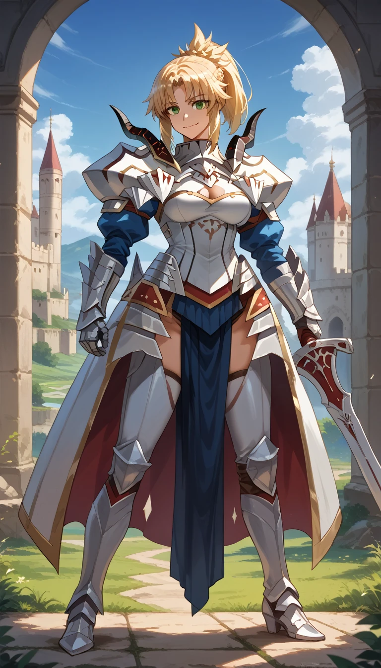 1girl, MordredArmor,, ultra-detailed, ((masterpiece)), (best quality), (highres), 16K, green eyes, blonde hair, ponytail, braid, armor, shoulder armor, faulds, gauntlets, greaves, pelvic curtain, black panties, busty body, large breasts and a beautiful ass, showcasing cleavage, legs, hips, looking at viewer, smile, detailed face, detailed hair, detailed full body, castle background