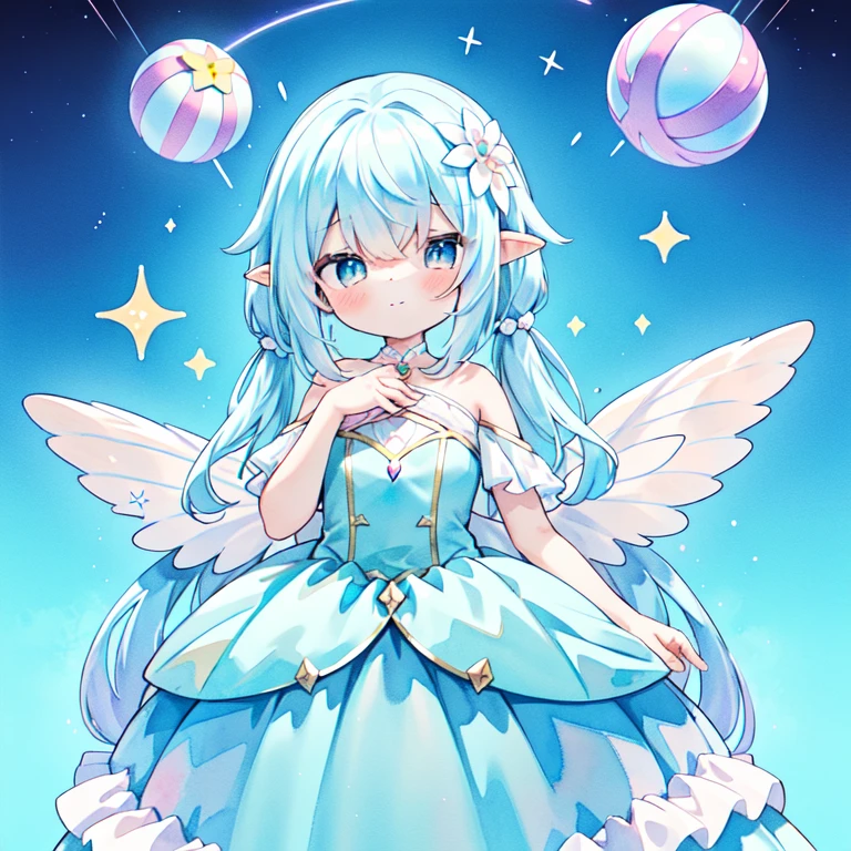 (Pastel colors:1.3)、(cuteイラスト:1.3)、(Watercolor:1.1)、Please redeem, masterpiece, Surreal, High resolution, Very detailed, 8k, (One Girl:1.3), cute, anime, Translucent white skin, beautiful fairy girl in tiered colorful gradient ballgown dress, Gradient Sparkling ,A dress with lots of frills、 Fairy Queen, Giant white fairy wings、 Flowers and colorful plants, beautiful, masterpiece, Please redeem、Gradient Hair, Light blue hair, Floating Hair, Wavy Hair,Fluffy hair、 Very long hair, Hair ribbon on the back of the head, 頭にPastel colorsの花輪,Light blue eyes, Long eyelashes, Pointed Ears, A light smile, Bright students, ((Shiny, fluffy layered ball gown)), (magic, Whimsical), Long, flowing, colorful hair, Colorful Fantasia Background, Disney Art Style, There&#39;A shining aura around her, beautiful digital illustration, Dreamy landscape of another world, plants, flowers, beautiful, masterpiece, Please redeem、corolla、pink,ahoge