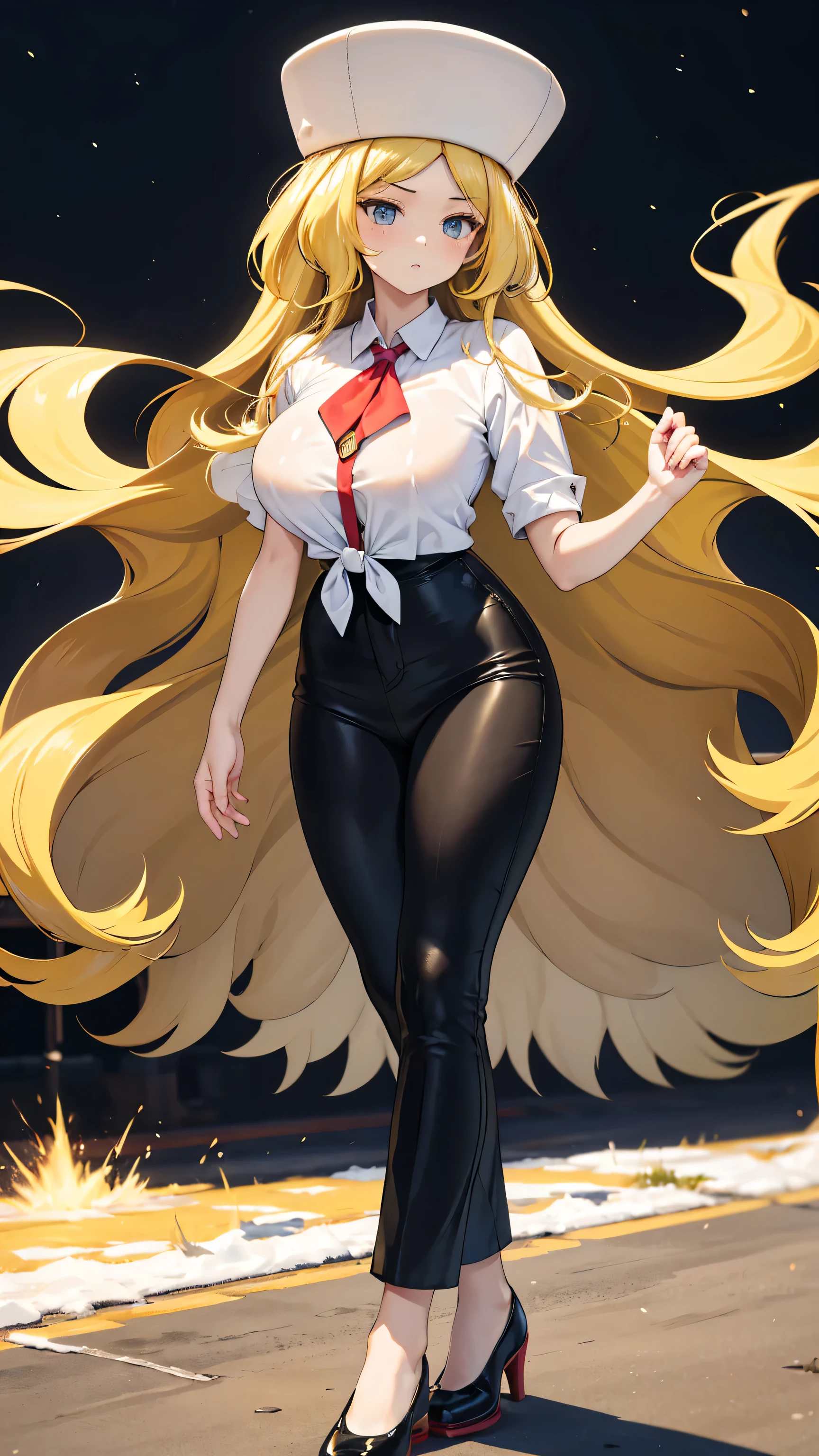 a sexy woman attractive big breast radical youth beautiful long wavy yellow hair wearing cap winter soviet golden her bright colorful eye wears white buttoned blouse tied knot short sleeve and long black pants big thigh sensual long golden heel