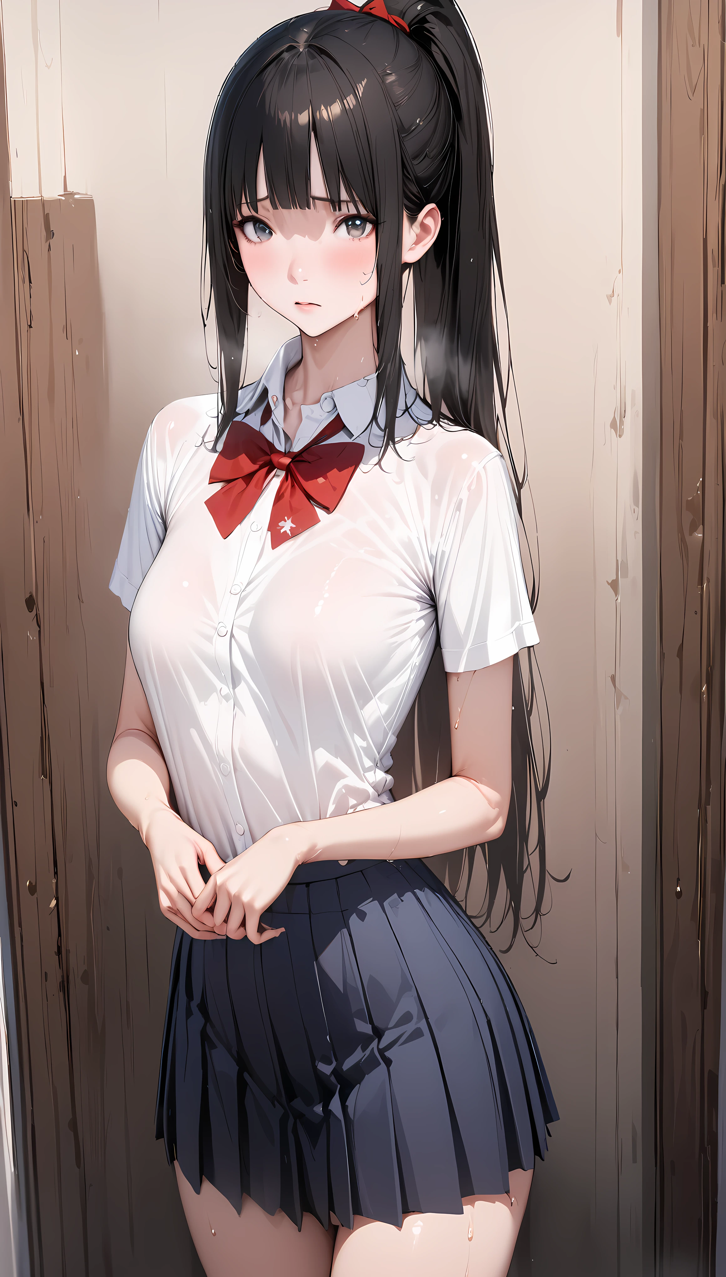 ((masterpiece,Best Quality:1.3,best quality illustrations,realistic)),cowboy shot,portrait,1 woman,adult,Female Swordsman,(ponytail),straight long hair,black hair,very small head,bangs,gray eyes,(gorgeous eyes),shy,long body,medium breasts,(School uniform、collared white shirt,Short sleeve,red bow, pleated dark blue skirt),slender body,toned body,shiny skin,sweat,standing,Simple white bed、Simple bedroom、