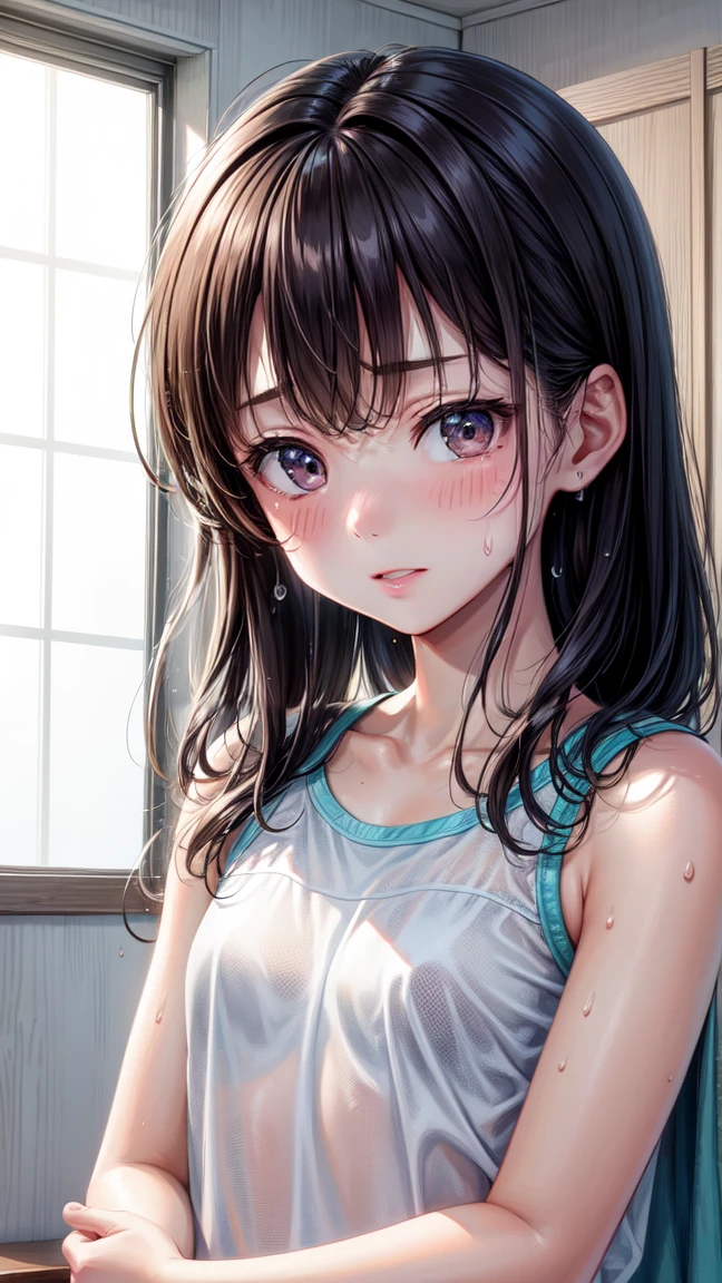 1 female,black hair,(()),(((White and blue sports bra and shorts)))(((blush、open mouth smile)),(((Yuki Mikan))),crowd(Baby girl body shape)(((small breasts)))squat,((wet with sweat))Outside playground,Mansuji