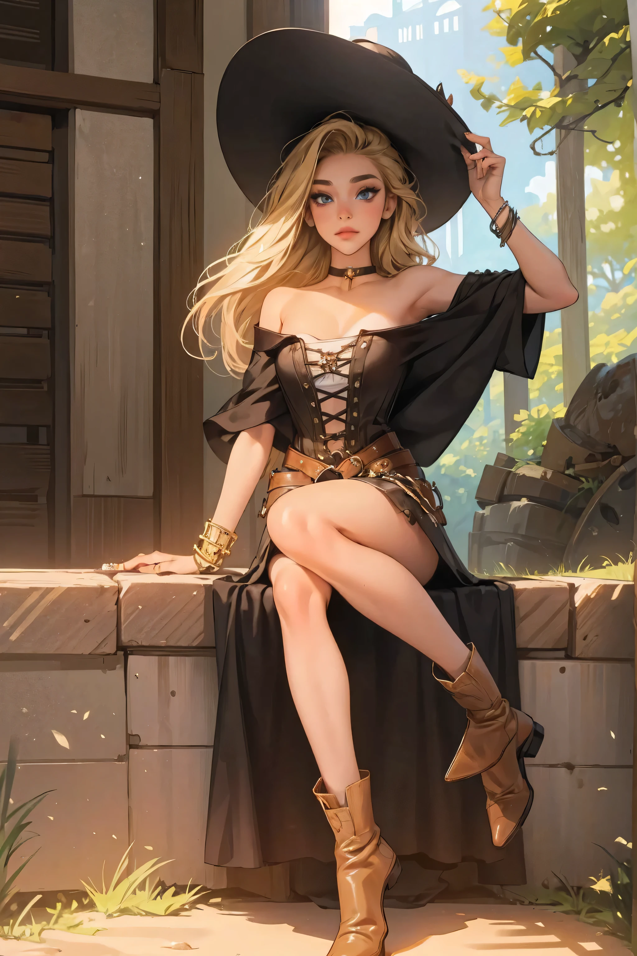 Painting by Akihiko Yoshida. Woman. Witch. Miniskirt. Sitting with the crotch open, buttocks sticking out. --auto --s2
