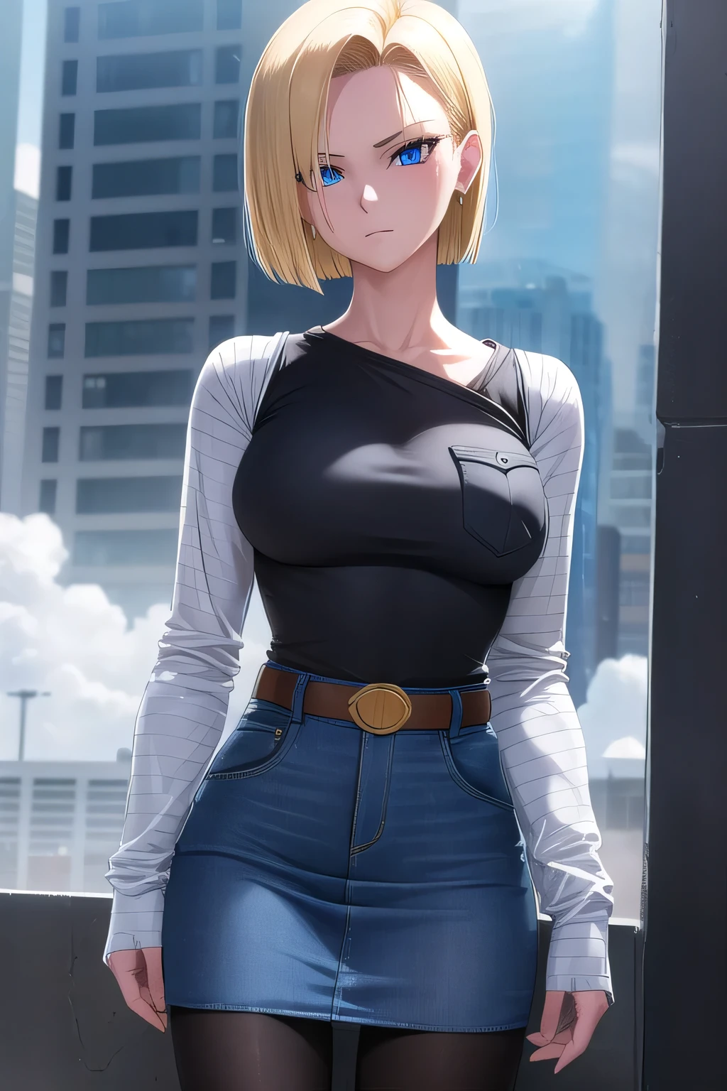 Android18, Artificial Human Room No. 18, Blonde, blue eyes, eyelash, hoop Earrings, short hair, Earrings,
break belt, Black legwear, black shirt, breast pocket, Clevis, clavicle, denim, denim skirt, high-waist skirt, jewelry, Long sleeve, pocket, shirt, shirt tucked in, skirt, Striped, Striped sleeves, Waistcoat,
break outdoors, city, null, cloud, sun,
break (masterpiece:1.2), Best Quality, High resolution, Unity 8K Wallpapers, (figure:0.8), (Beautiful detailed eyes:1.6), Highly detailed face, perfect lighting, Extremely detailed CG, (Perfect hands, Perfect Anatomy),