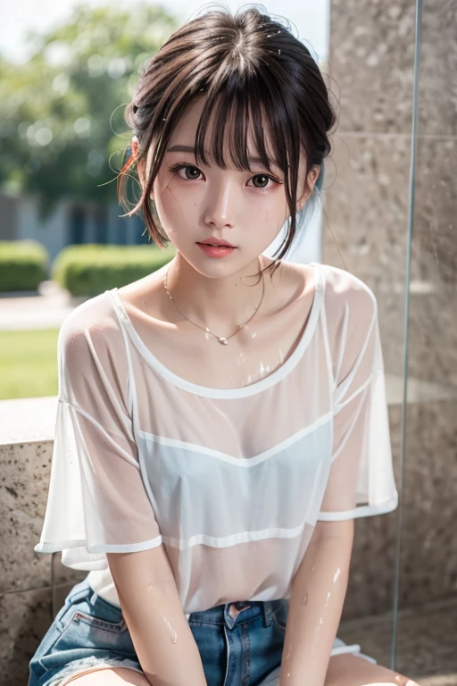 neat college girl、petite person、(Long white silk camisole、white panties)、Outside the field、(Slimed、small tit、flat boobs、small tit)、Photorealsitic、detaileds, Skin Texture, ultra-detailliert、Delicate and sexy collarbone、Super Detailed Face、Detailed lips、A detailed eye、二重まぶた、10years old girl、Sexual facial expressions、((Nipple bumps、Wet White Sheer Camisole))