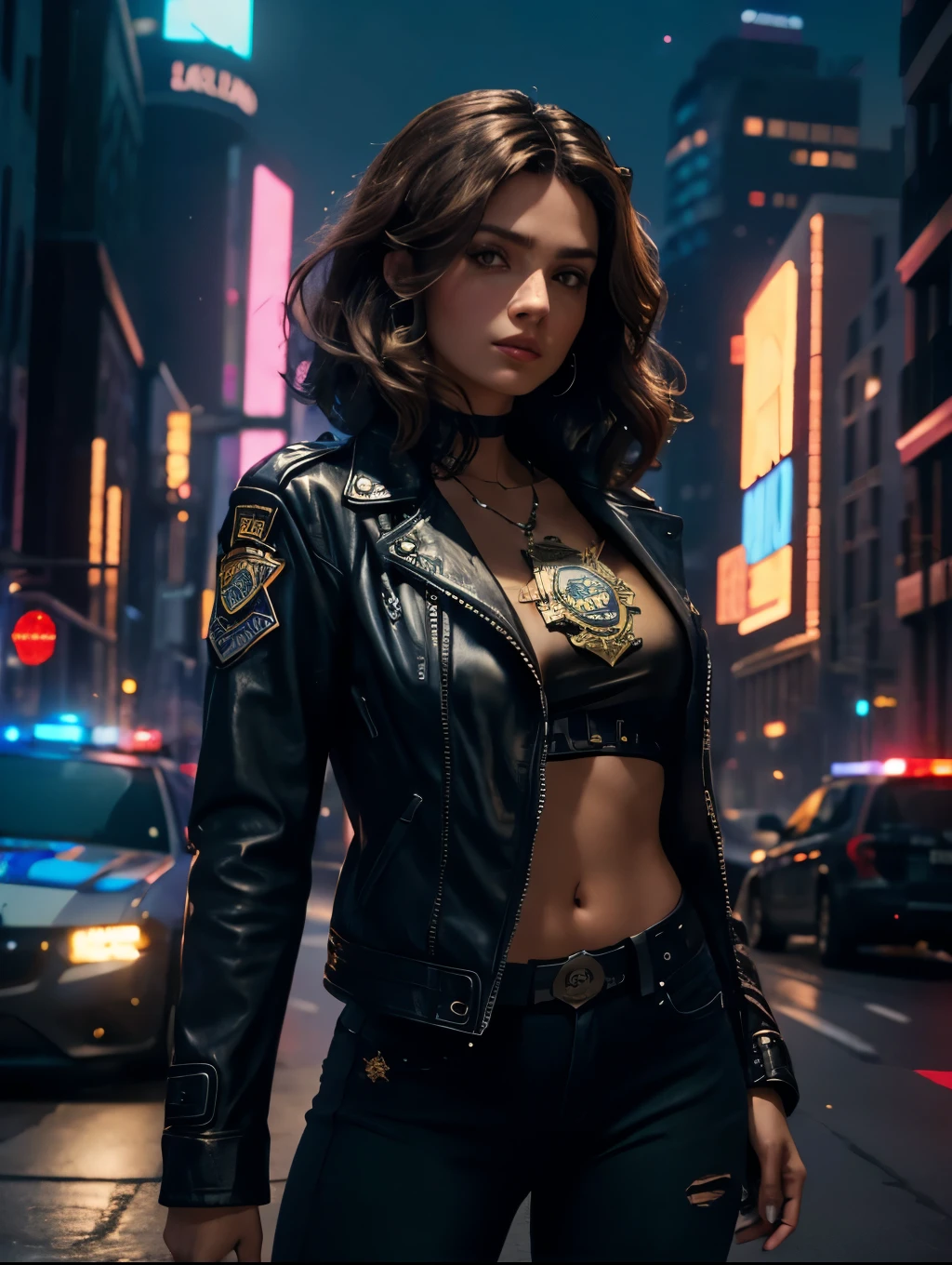 Portrait of natlp as a beautiful female model, georgia fowler, beautiful face, with short dark brown hair, in cyberpunk city at night. She is wearing a leather jacket, black jeans, dramatic lighting, (police badge:1.2)