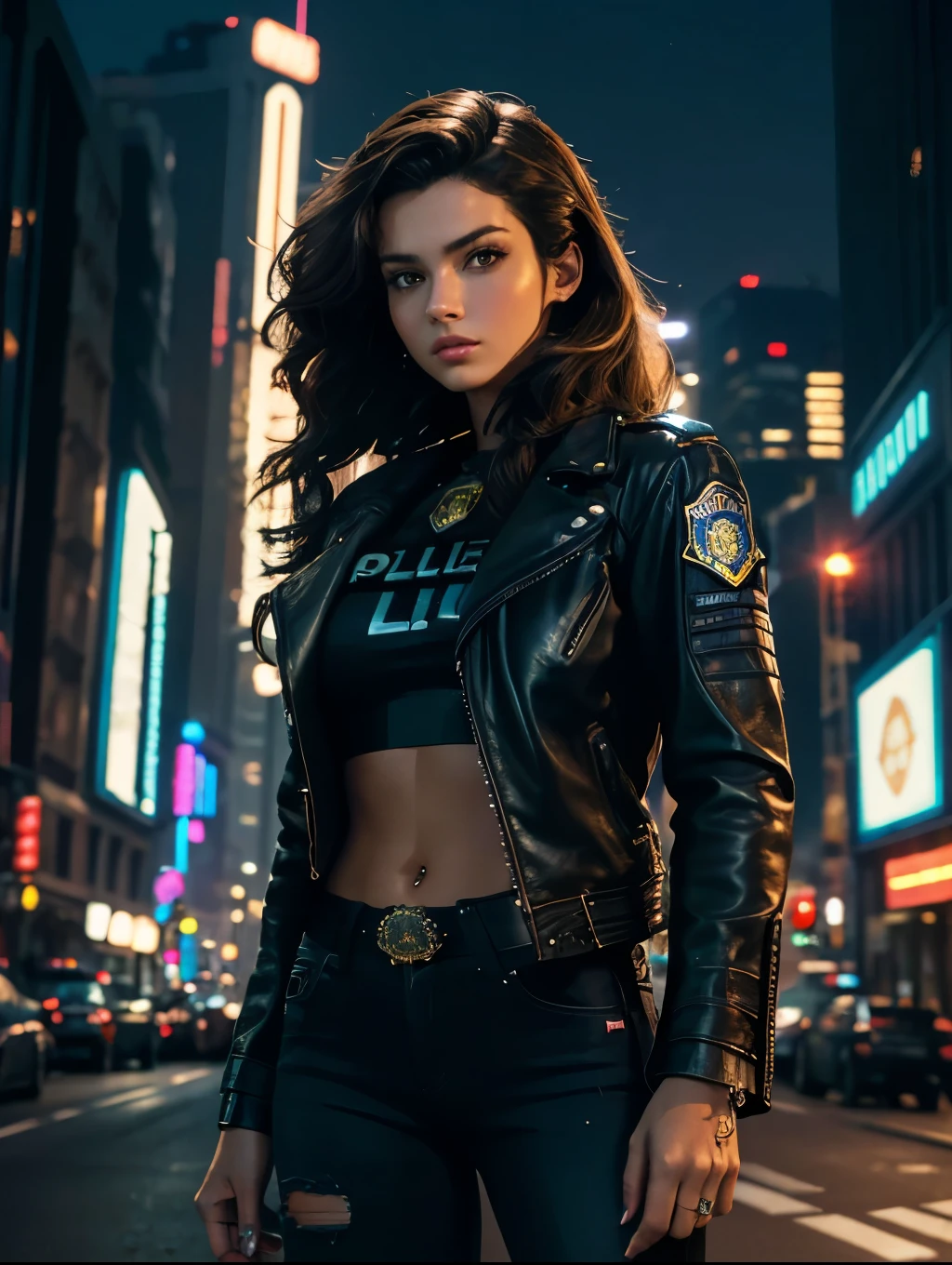 Portrait of natlp as a beautiful female model, georgia fowler, beautiful face, with short dark brown hair, in cyberpunk city at night. She is wearing a leather jacket, black jeans, dramatic lighting, (police badge:1.2)