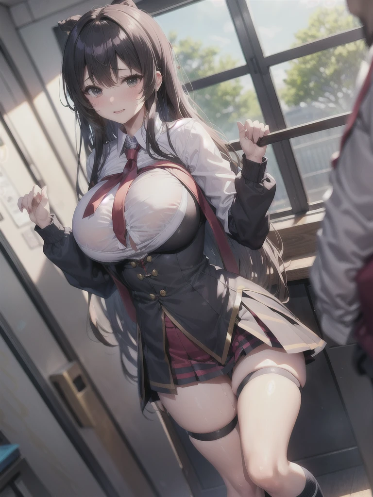 ((Best Quality)), ((masterpiece)), (detailed), One Girl,Private Server,Model Body Type,A fat man approaches a high school student from behind.,Big Breasts,(Short skirt),(Open Chest Button),((Wear black knee-high socks)),woman,(Mischievous Appearance),((Excited expression)),Viewer attention required,Nswf Japanese,(Attractive looks),Sweating,Teary-eyed,((Lift your chest with both hands)),Late Night City,Arrest,Underbust,(Low Angle),((胸をアピールするwoman)),(Underbust),(男性教師がwomanをArrest),(window),((High school girl)),