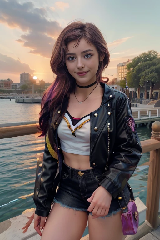 (Obra maestra, La mejor calidad:1.2), solamente, 1 chica , hermosa chica adolescente europea , Caucasian , mlp Adagio Dazzle , linda sonrisa presumida , maquillaje , labios rojos , little black jacket , ropa casual morada , el brillo de la puesta de sol , 18 years , hermosa chica adolescente , Modelo adolescente , ojos color morado , parque , concierto , cabello rubio esponjoso pelo rubio esponjado , foto de cuerpo completo