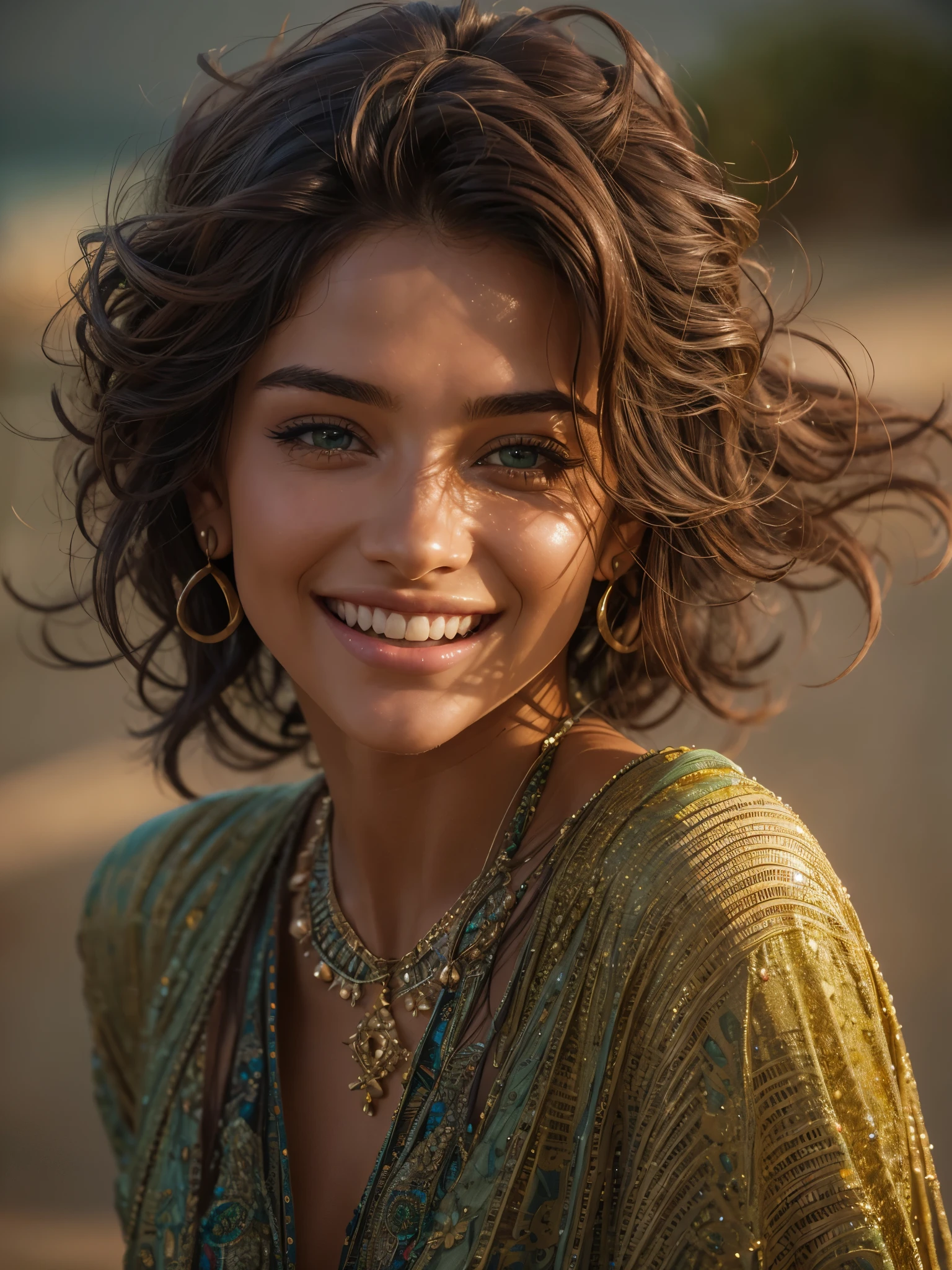 Cinematic soft lighting illuminates a stunningly detailed and ultra-realistic handsome Middle-Eastern female supermodel, beach look, ultra short messy light brown hair, clear green eyes, captivating perfect smile, sensual, ho, insanely beautiful, that is trending on ArtStation. Octane is the perfect tool to capture the softest details of this 16k photography masterpiece.