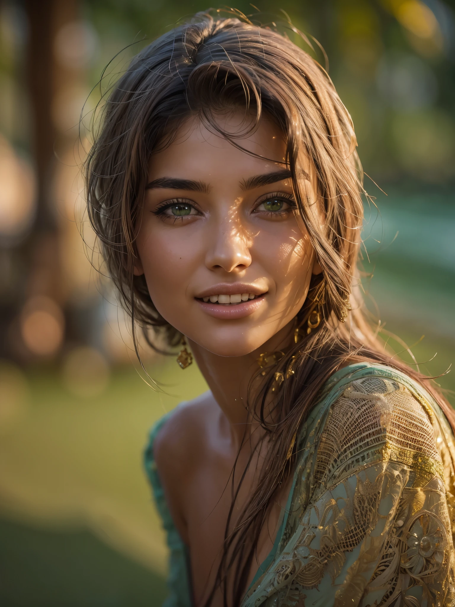 Cinematic soft lighting illuminates a stunningly detailed and ultra-realistic handsome Middle-Eastern female supermodel, beach look, ultra short messy light brown hair, clear green eyes, captivating perfect smile, sensual, ho, insanely beautiful, that is trending on ArtStation. Octane is the perfect tool to capture the softest details of this 16k photography masterpiece.