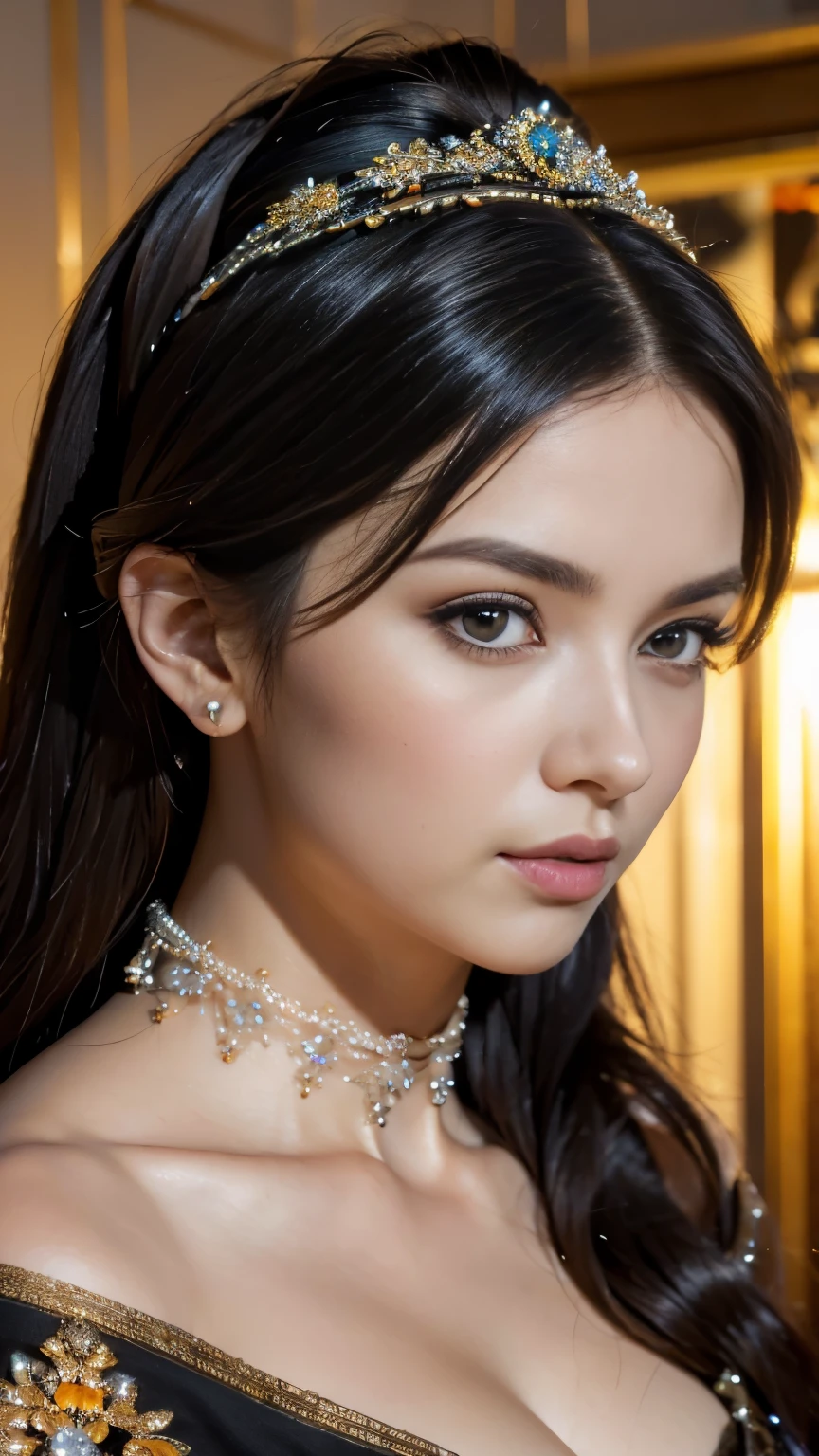 highest quality、masterpiece、8k、Award-winning works、Hyperrealism、Vampire Princess、恐ろしいVampire Princess、Natural forehead、spooky、White skin、Wicked Makeup、The most detailed and beautiful face、The relentless gaze、look at me、Long eyelashes、spookyなメイク、Black Lips、eye shadow、艶のあるBlack Lips、Top quality ultra HD skins、The most detailed eyes、(The most luxurious and highest quality giant tiara、The most luxurious and highest quality giant necklace、、The most luxurious and luxurious black princess dress)、Cleavage、Pitch black background 1.2、dark、Beautiful long wavy hair、Glossy hair、Intermediate photo 1.5、The light of God pours down、Lace fabric 1.5、(((透き通る様なLace fabric 1.5)))，Off the shoulder、