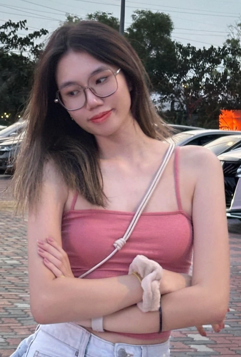 chinese girl, dark armpits, sweating, sweating body , outdoor, nipples slip, glasses